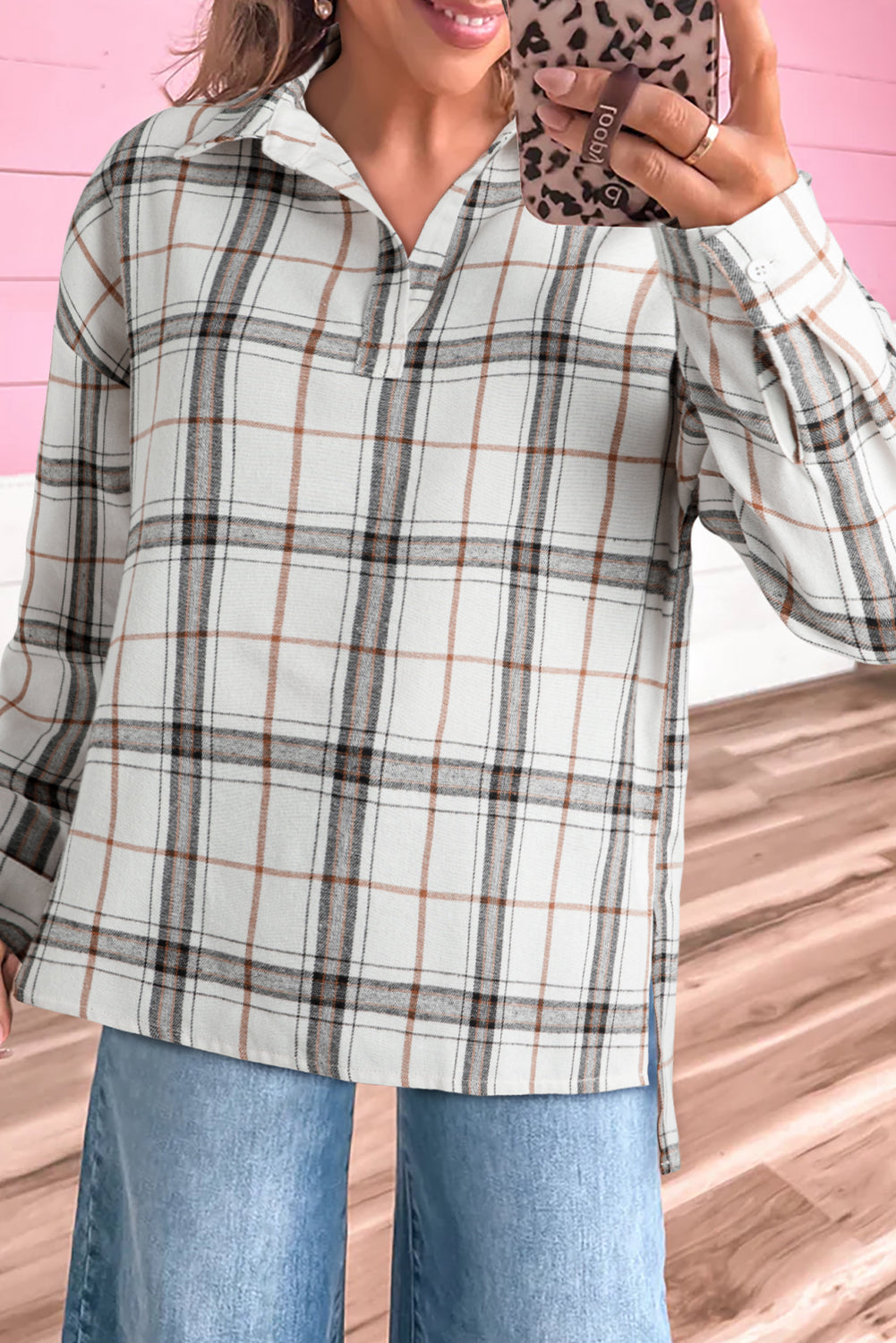 White Plaid Print Collared V Neck Loose Blouse with Side Slits Blouses 4681b3e844642434