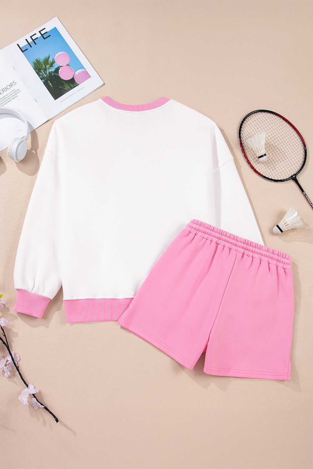 Strawberry Pink Colorblock Pullover and Drawstring Shorts Set Two Piece Shorts Sets 46db5b4b3686417a