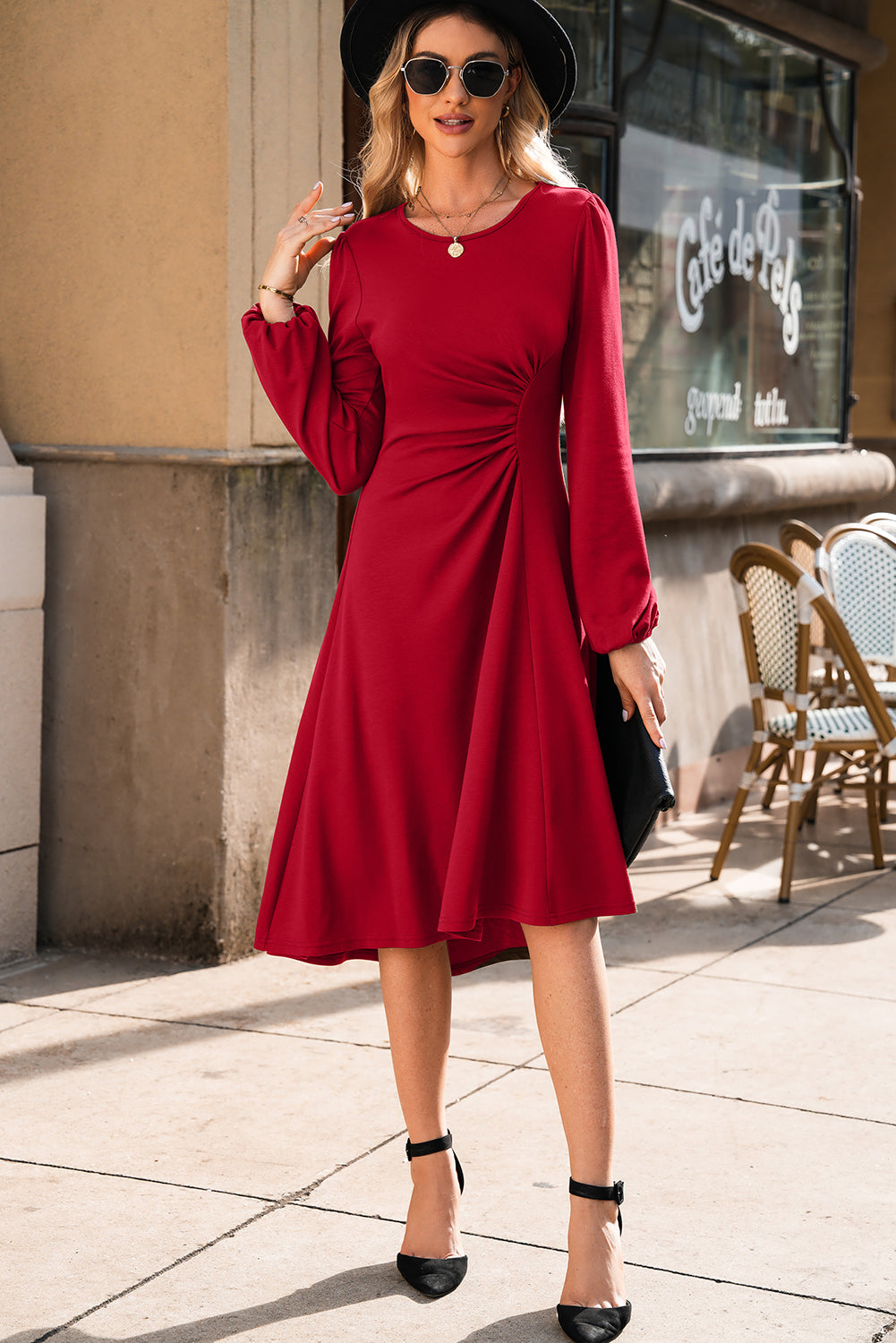 Fiery Red Solid Color Ruched Detail Long Sleeve Midi Dress Midi Dresses 4712bb55ee711a95