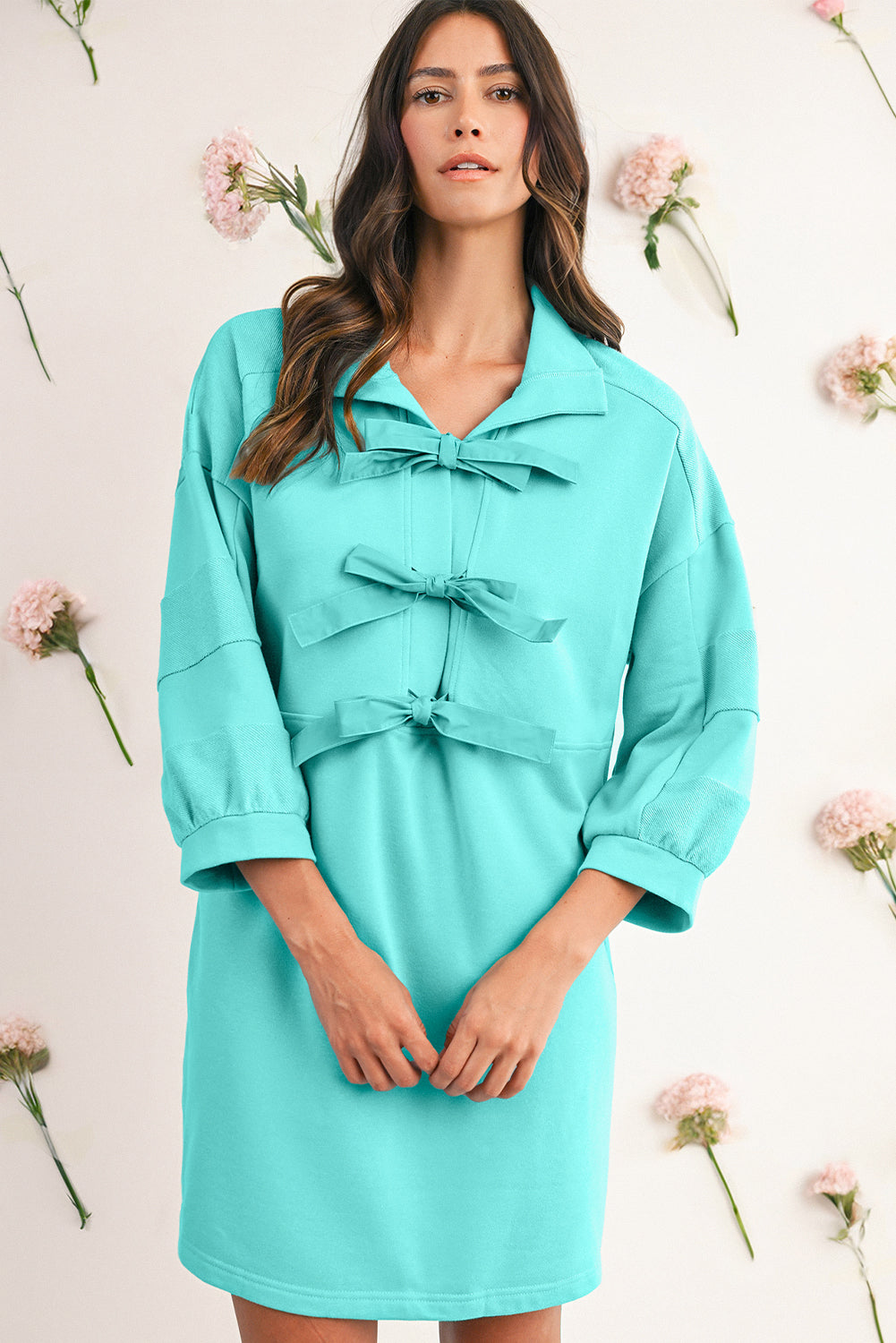 Moonlight Jade Bow Front Patchwork Bracelet Sleeve Mini Dress Short Dresses 475bb7c5d9b4dad6