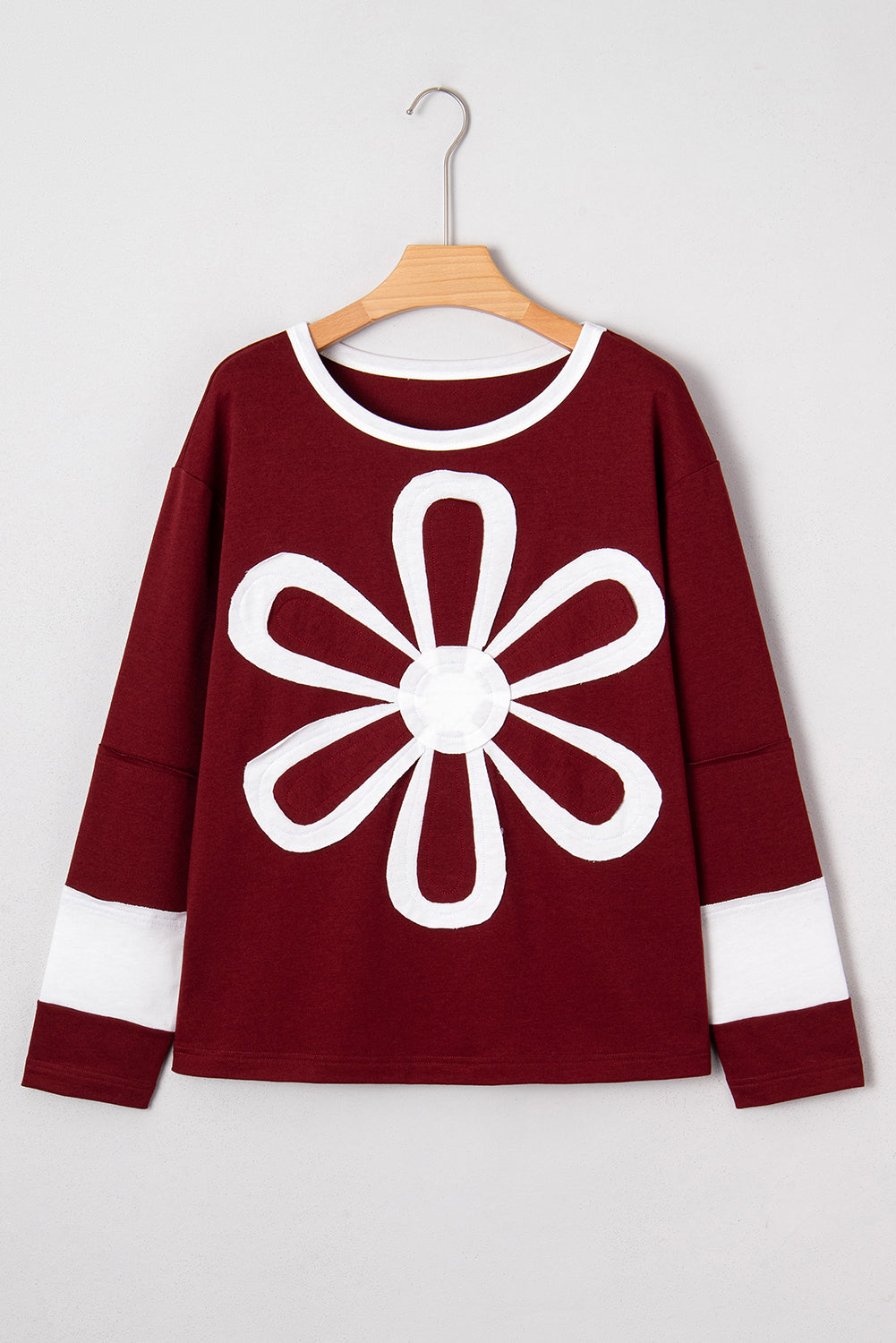 Red Dahlia Cheerful Daisy Flower Patched Round Neck Long Sleeve Top Long Sleeve Tops 476cc307c5251f1e