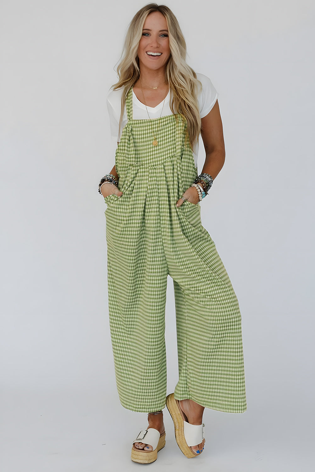 Green Gingham Wide Leg Pockets Loose Overall Jumpsuits 47765318c07f8291