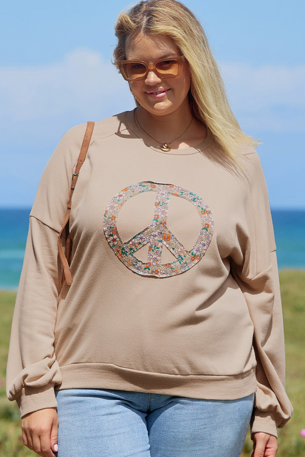Pale Khaki Floral Peace Graphic Washed Plus Size Sweatshirt Plus Size Tops 4784e1561eb23ea2