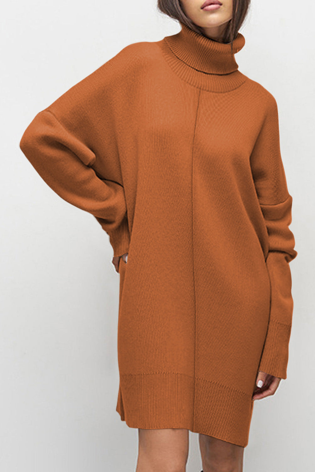 Gold Flame Solid Color Turtleneck Drop Shoulder Loose Sweater Dress Sweater Dresses 479c0494cba4ac4d