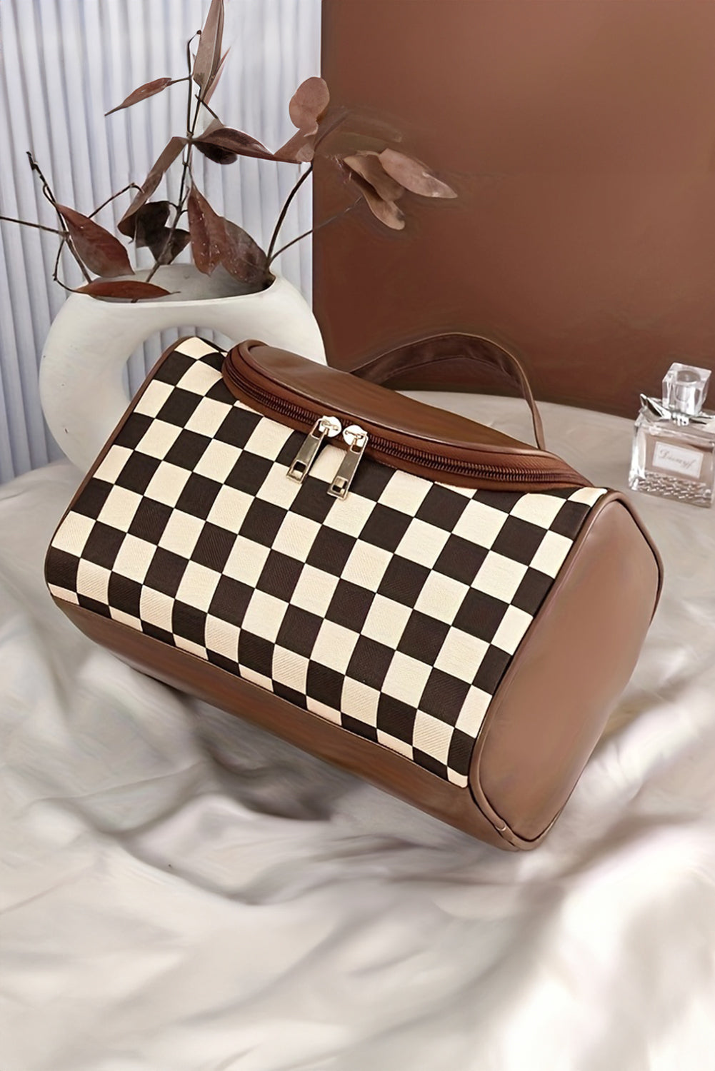 Checkered Zipper Large Cosmetic Bag with Handle Bags 47b206c319b41943