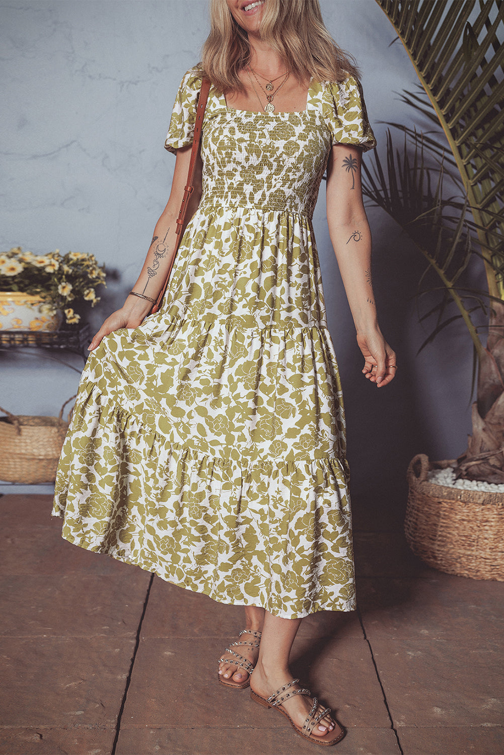 Yellow Boho Floral Print Square Neck Puff Sleeve Tiered Maxi Dress Maxi Dresses 47b92d8b4f8c6737