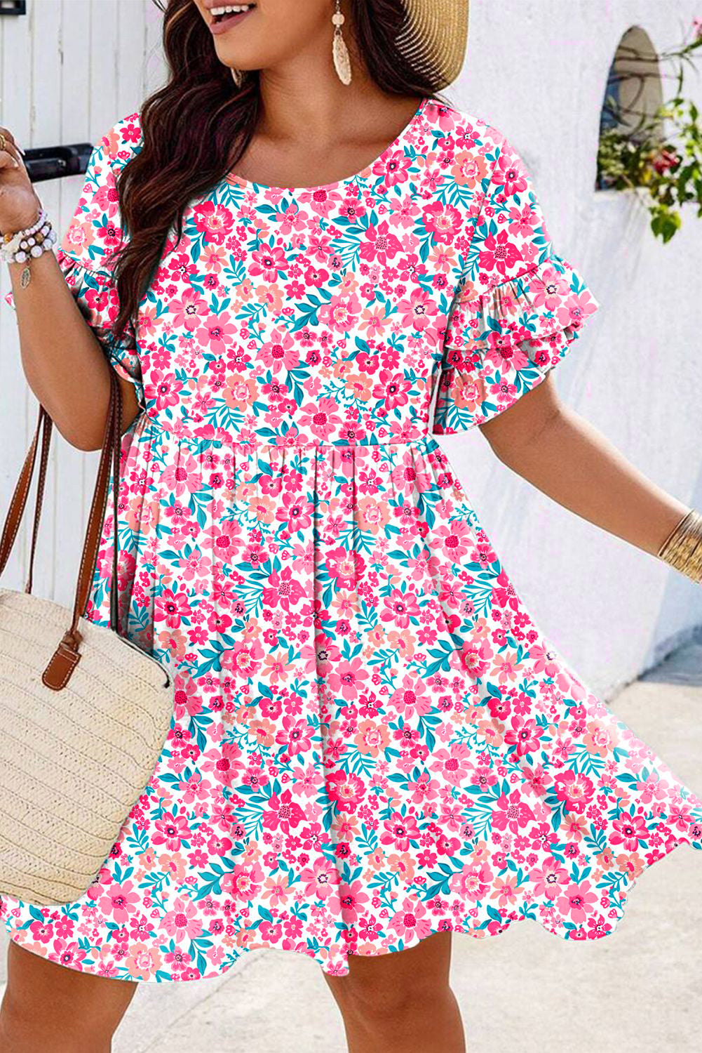White Plus Size Floral Print Ruffle Short Sleeve Flare Dress Plus Size Dresses 47d3e853c9d9a124