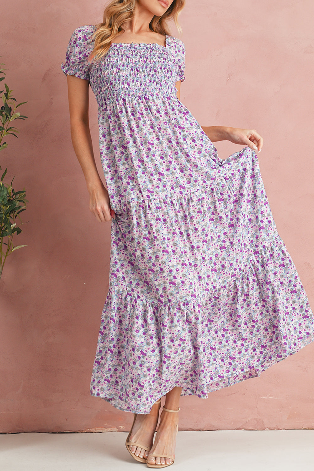 Purple Floral Short Bubble Sleeve Smocked High Waist Maxi Dress Maxi Dresses 47e2b4d142e24838