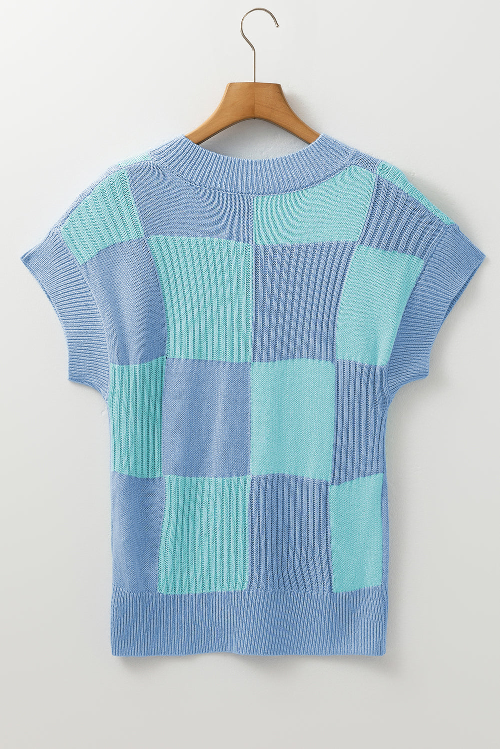 Light Blue Checkered Color Block Crew Neck Short Sleeve Sweater Short Sleeve Sweater 47e2cdc448f33151