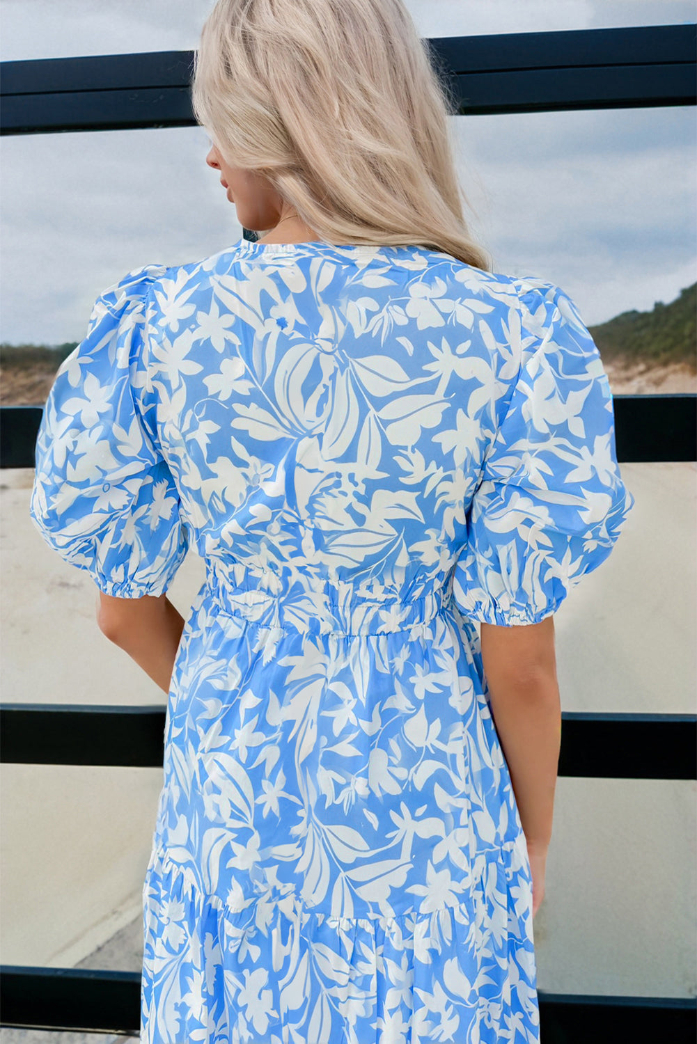 Sky Blue Floral Print Deep V Neck Puff Sleeve Flowy Dress Maxi Dresses 47ebd76cc3d25c92