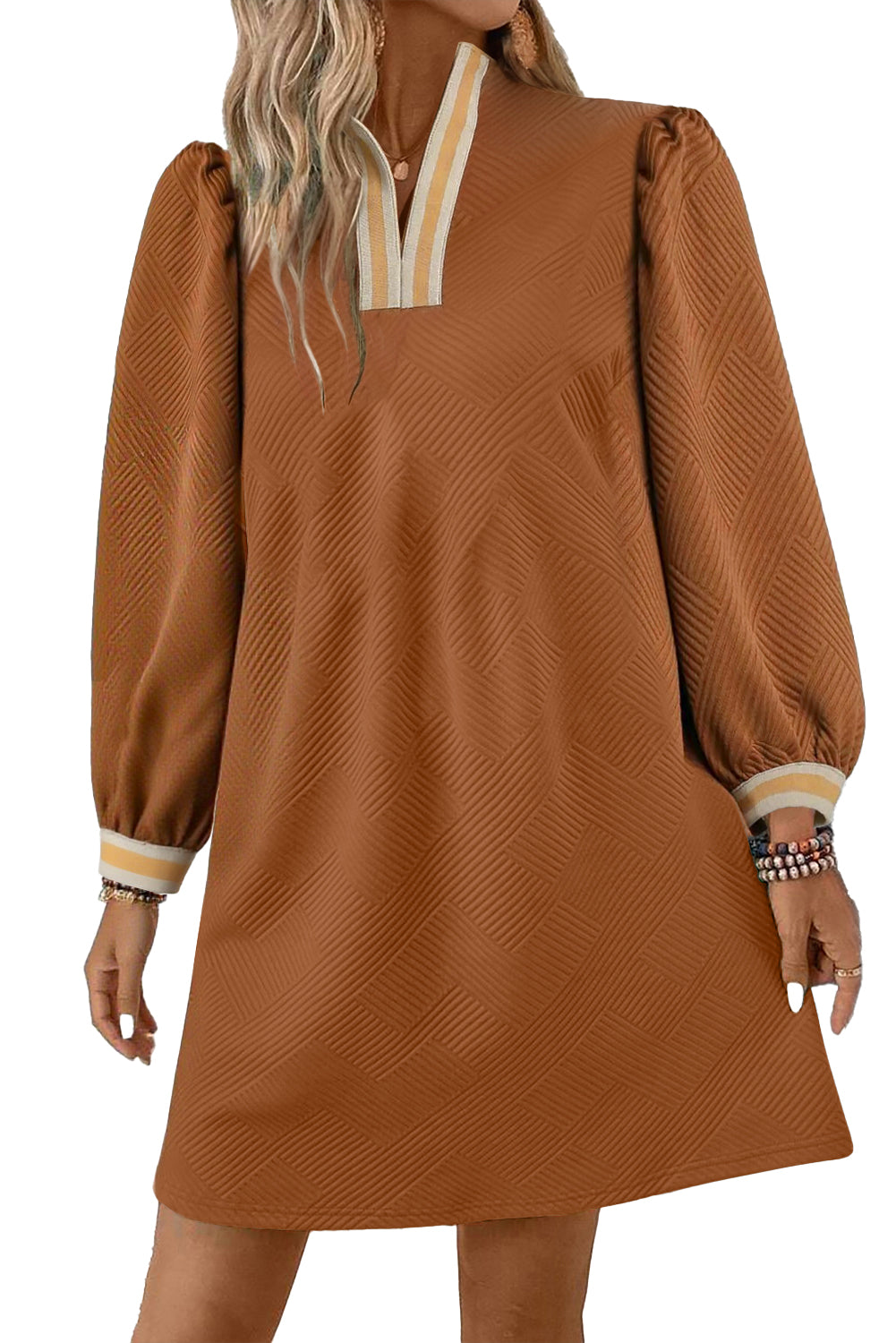 Chestnut Textured Contrast Striped Split Neck Long Sleeve Mini Dress Short Dresses 484ee587a34c3d9f
