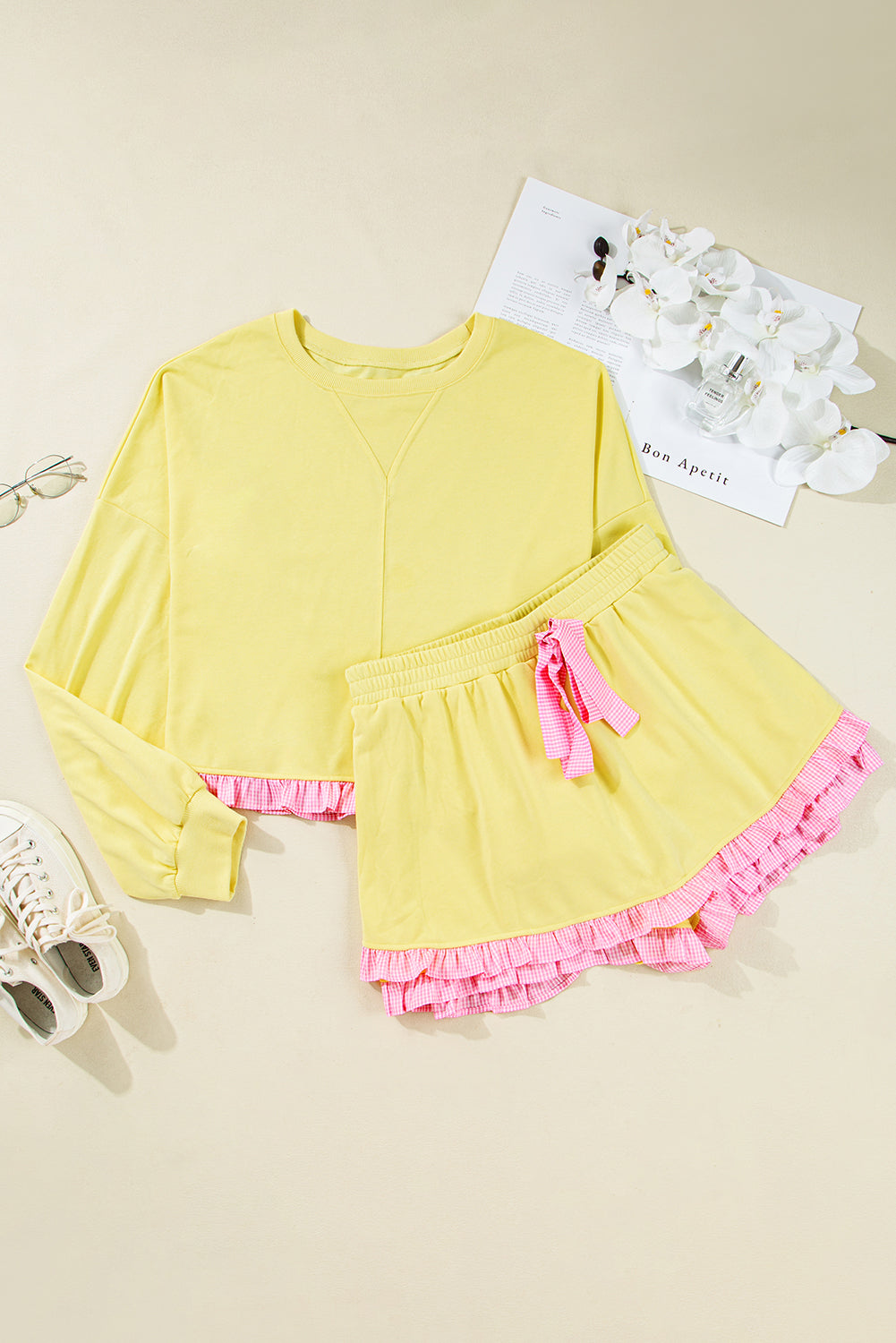 Yellow Ruffle Striped Hem Patchwork Pullover Top and Shorts Plus Size Set Plus Size Matching Sets 48719049daa70a8b