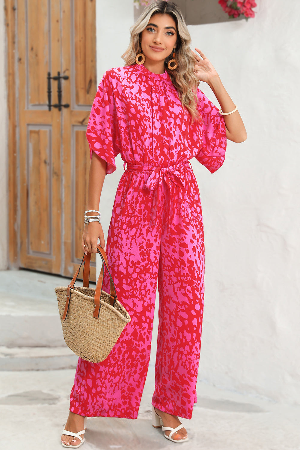Rose Leopard Print Tulip Sleeve Belted Wide Leg Jumpsuit Jumpsuits 4878f1fe76869c0f