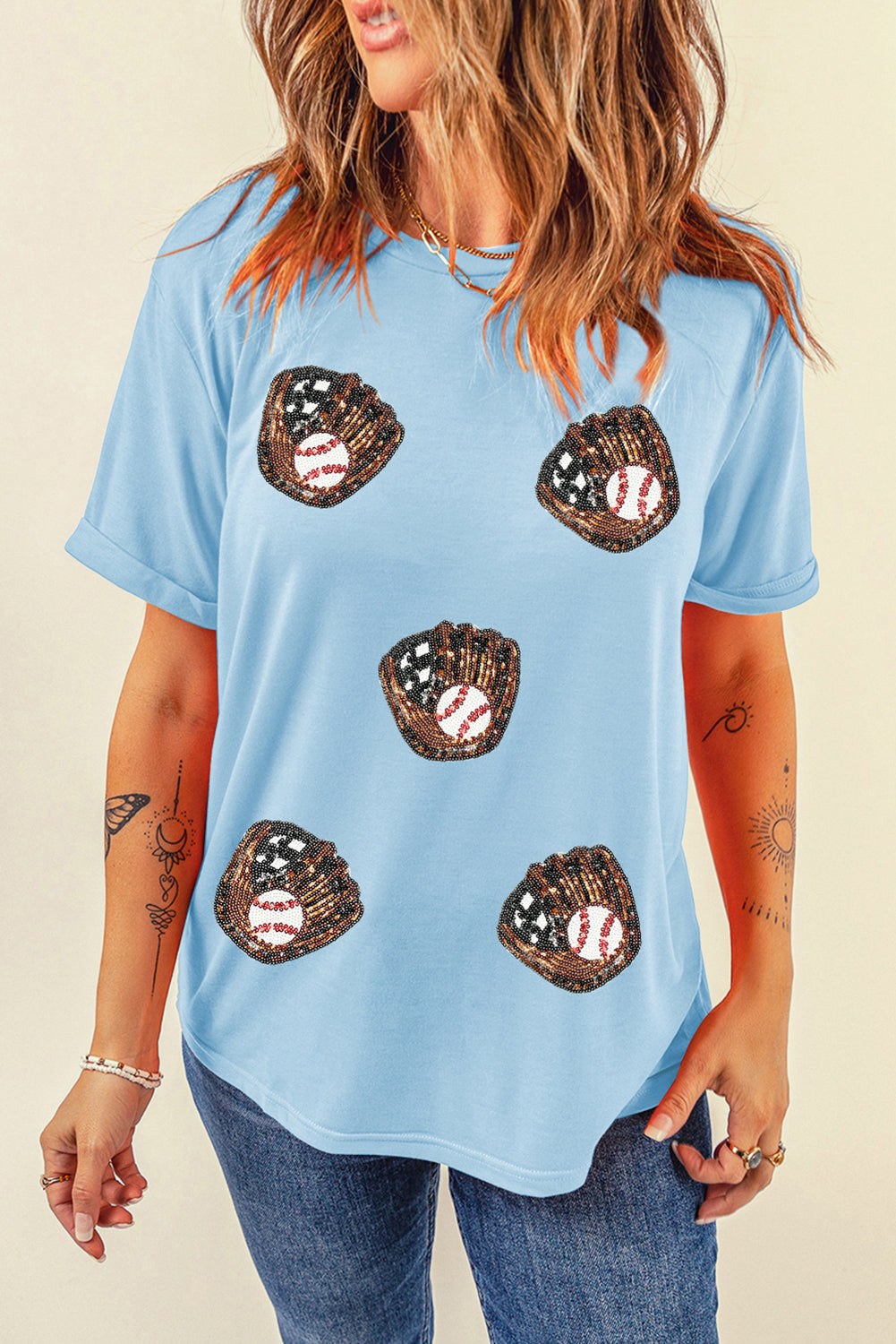 Light Blue Baseball Sequin Patched Casual T Shirt Graphic Tees 487a6e6ef782c4a9