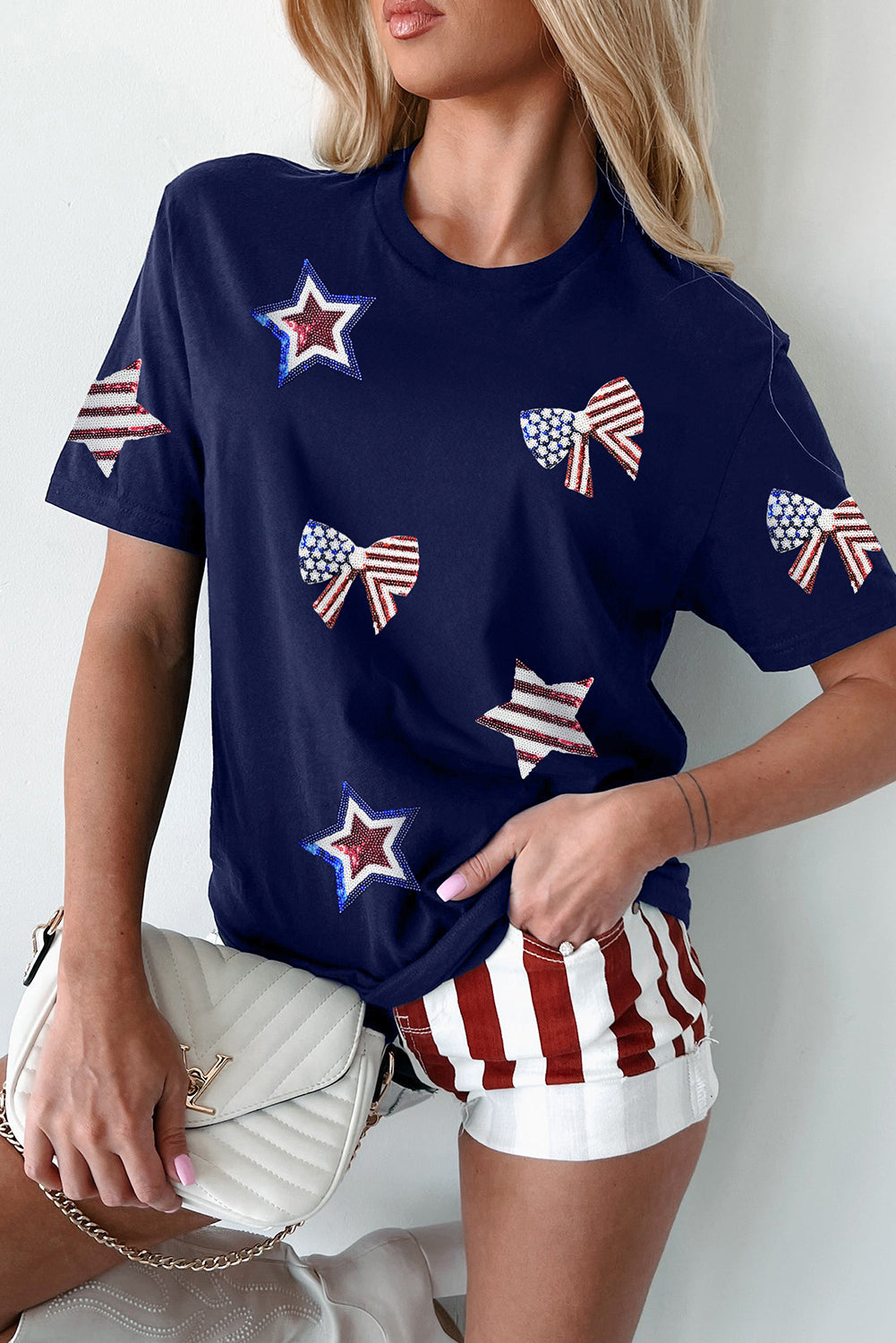 Blue USA Flag Bow Star Sequins Patch Graphic Crewneck T Shirt Graphic Tees 488d766bb87cdd73