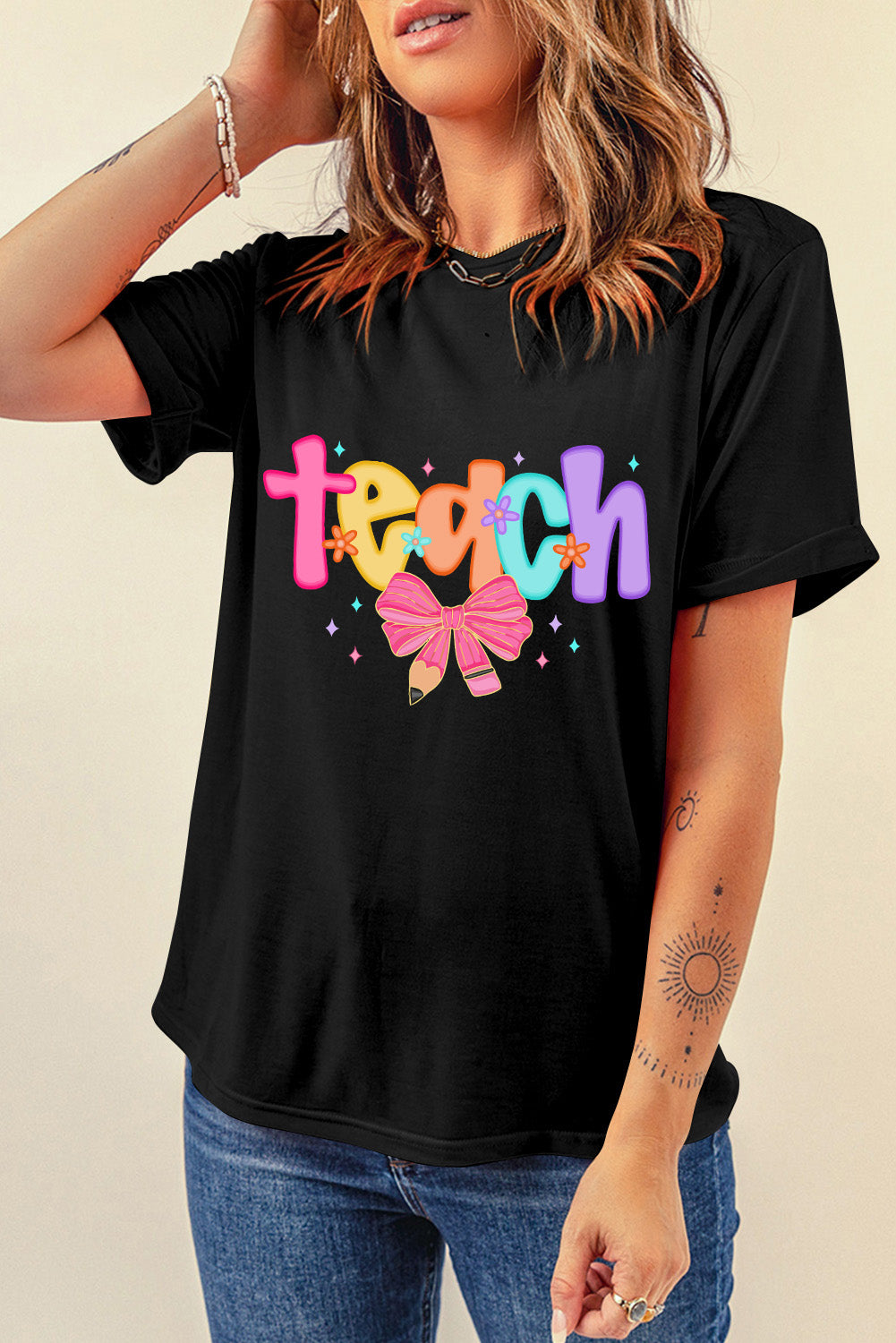 Black Teach Bow Heat Transfer Printing Graphic Holiday Tee Graphic Tees 48ac9bf43abc0f46