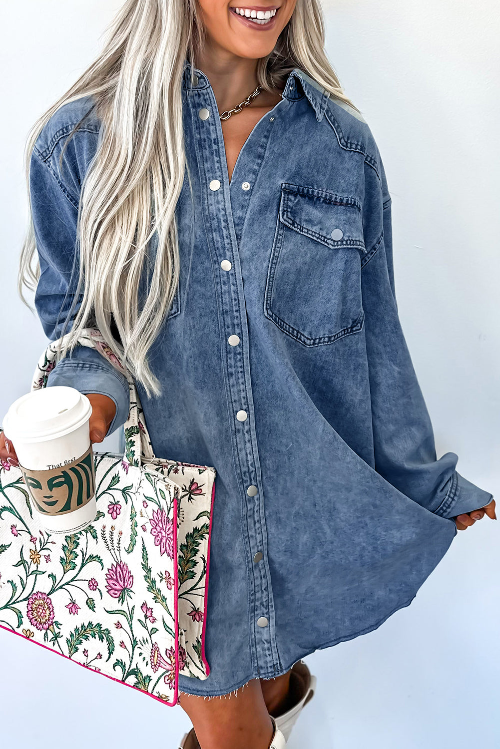 Blue Chest Pocket Raw Hem Denim Loose Shirt Dress Short Dresses 48b2362374816894