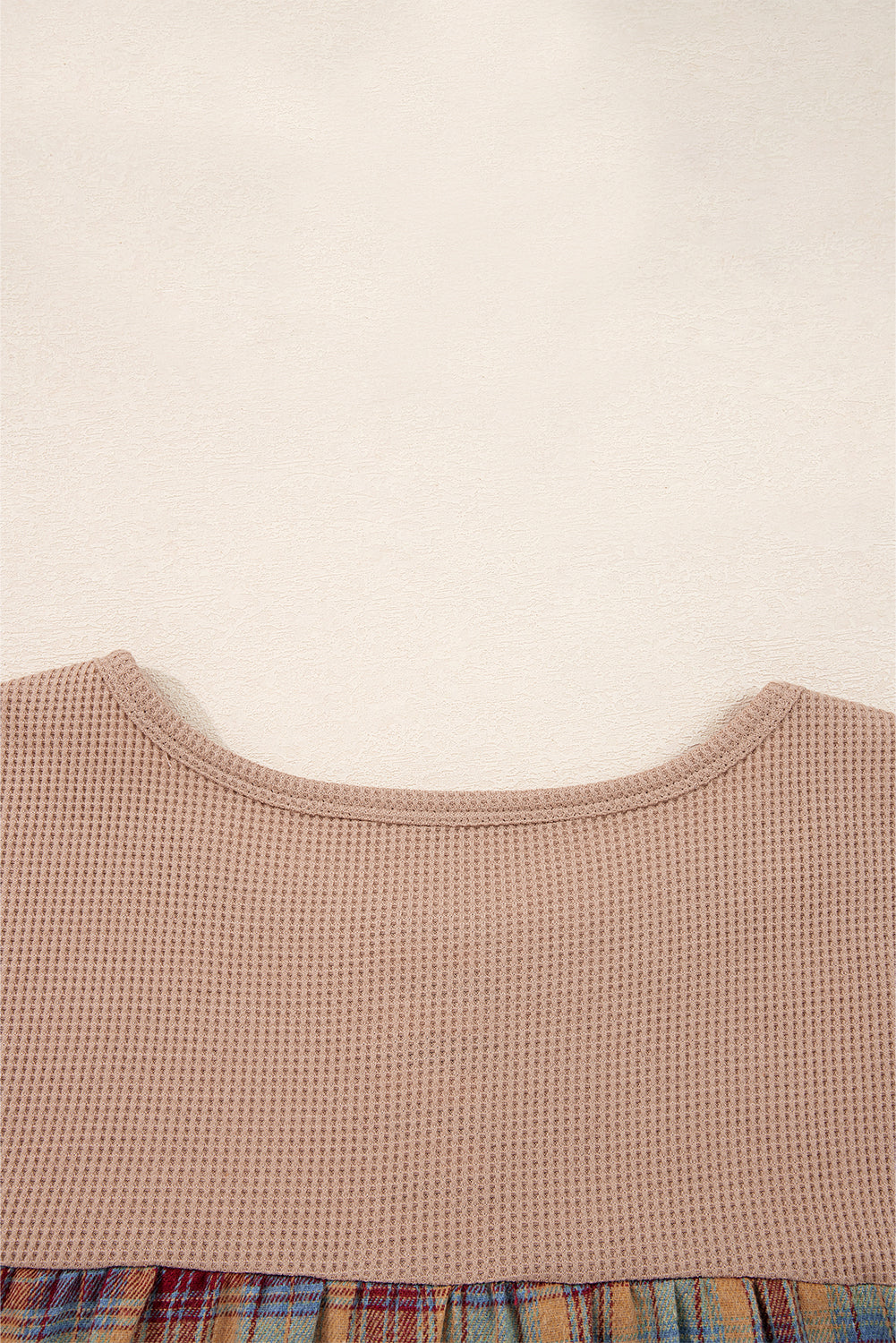 Beige Waffle Stripe Plaid Patchwork Henley Top Long Sleeve Tops 48c733f0c0b9ef61