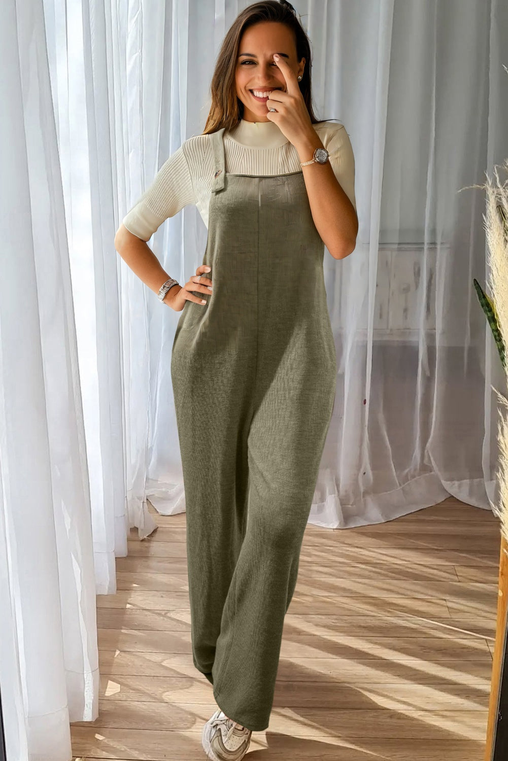 Laurel Green Solid Color Knit Loose Straight Leg Casual Overall Jumpsuit Jumpsuits 48d2fd6caadf7503