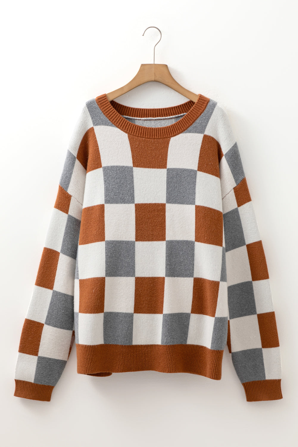 Brown Colorblock Checkered Drop Sleeve Plus Size Sweater Plus Size Sweaters&Cardigans 48f3aef52dd040dd