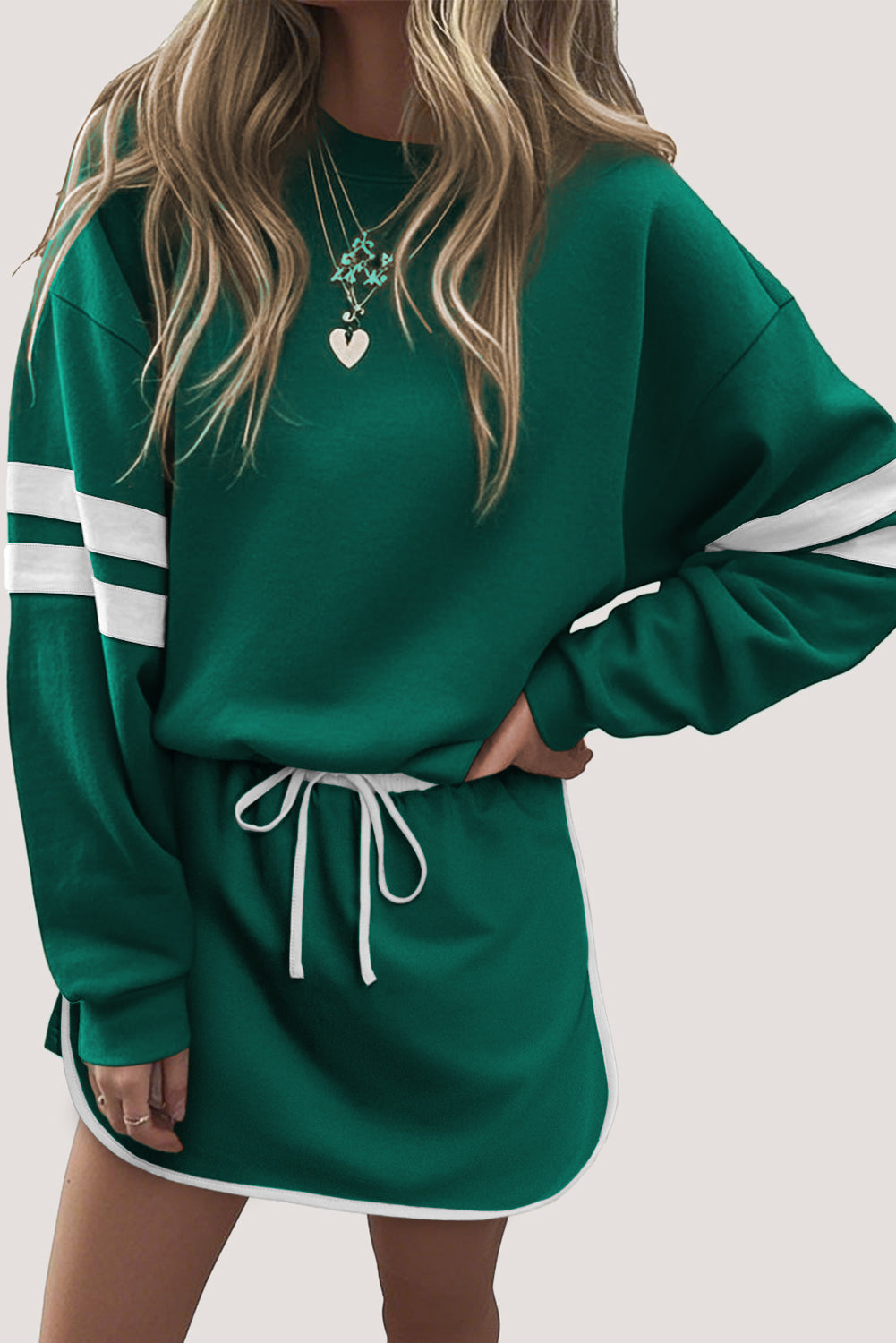 Evergreen Varsity Stripe Detail Drop Shoulder Pullover Mini Skort Set Two Piece Shorts Sets 490fcd446ea5355f