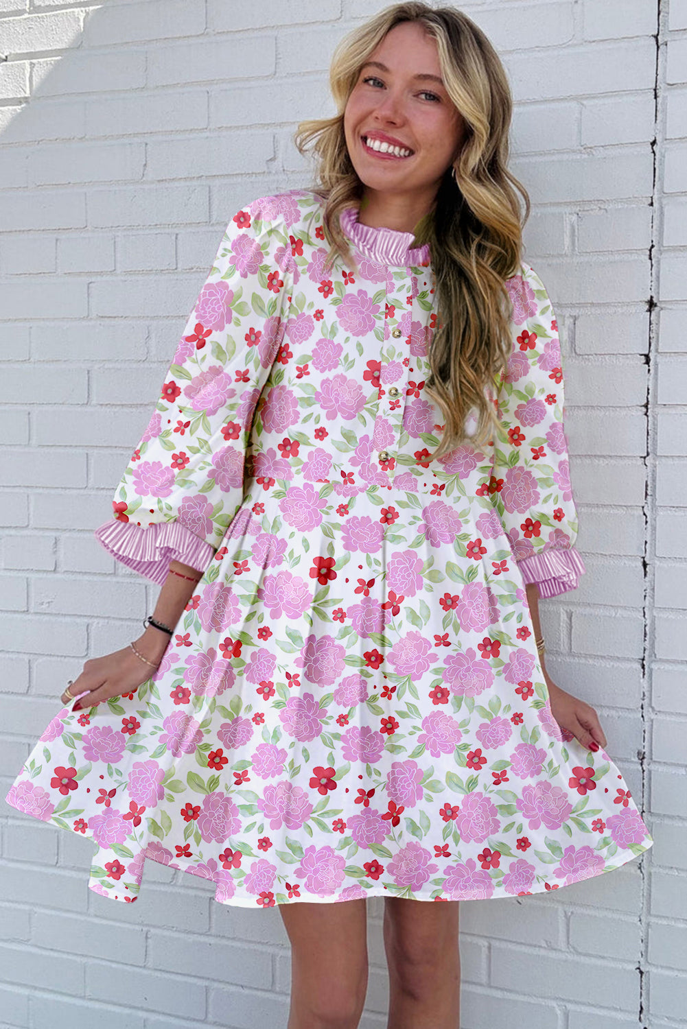 Pink Floral Print Striped Trim Flowy Mini Dress Short Dresses 4974f76a940220d6