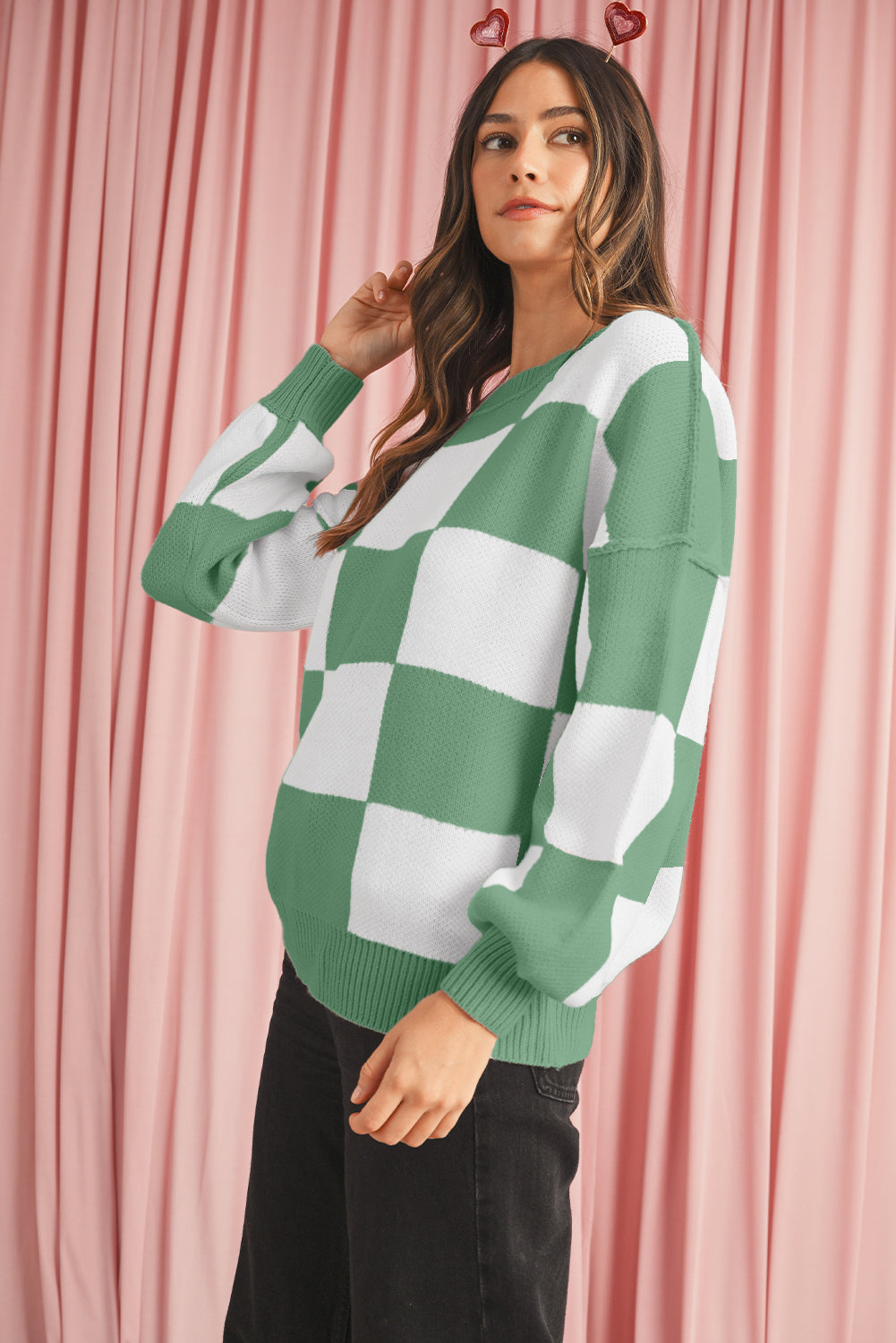 Green Checkered Bishop Sleeve Pullover Sweater Sweaters 4981c013acda656e