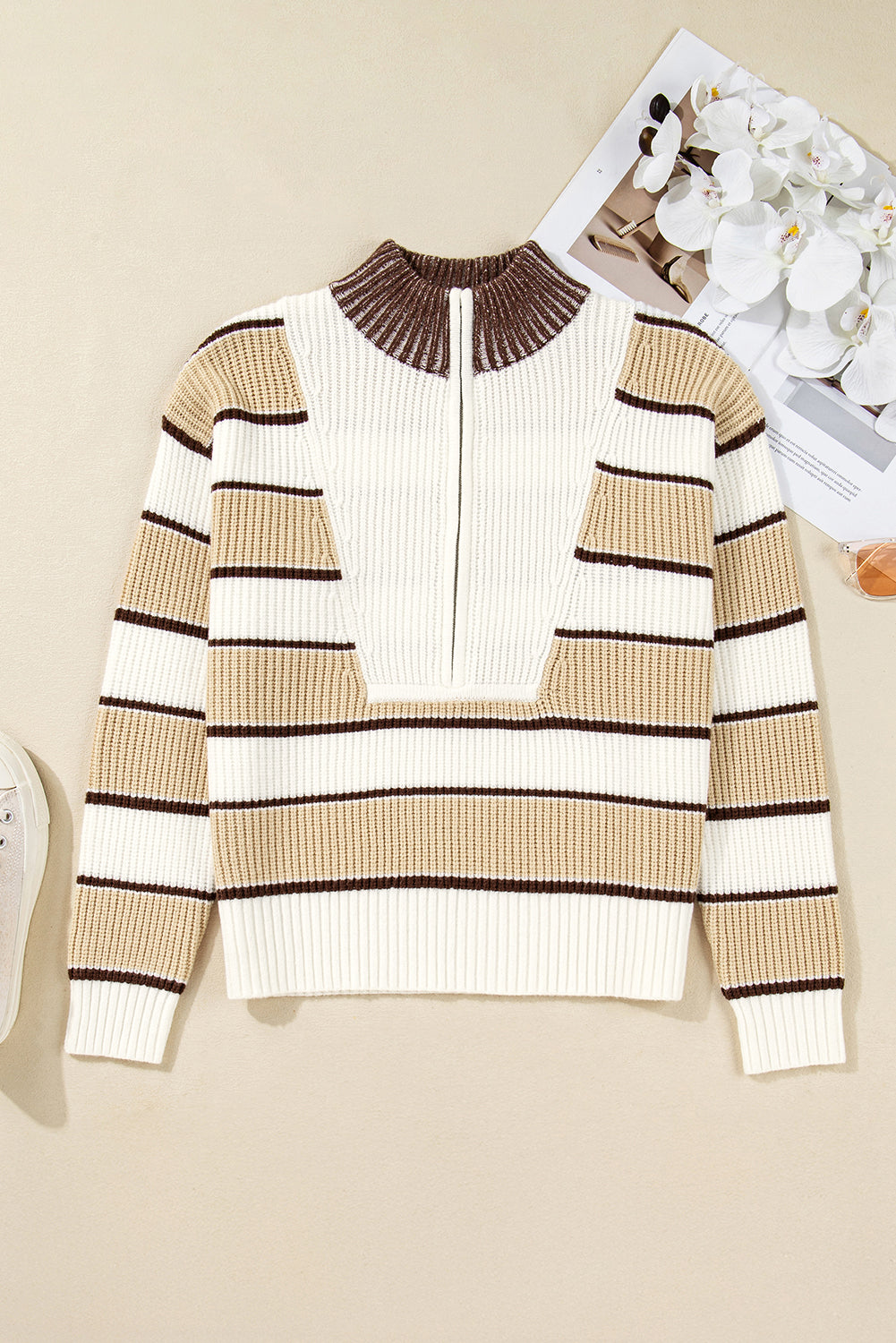 Khaki Striped Colorblock Zip Neck Knit Sweater Sweaters 4981cc34059f5fe5