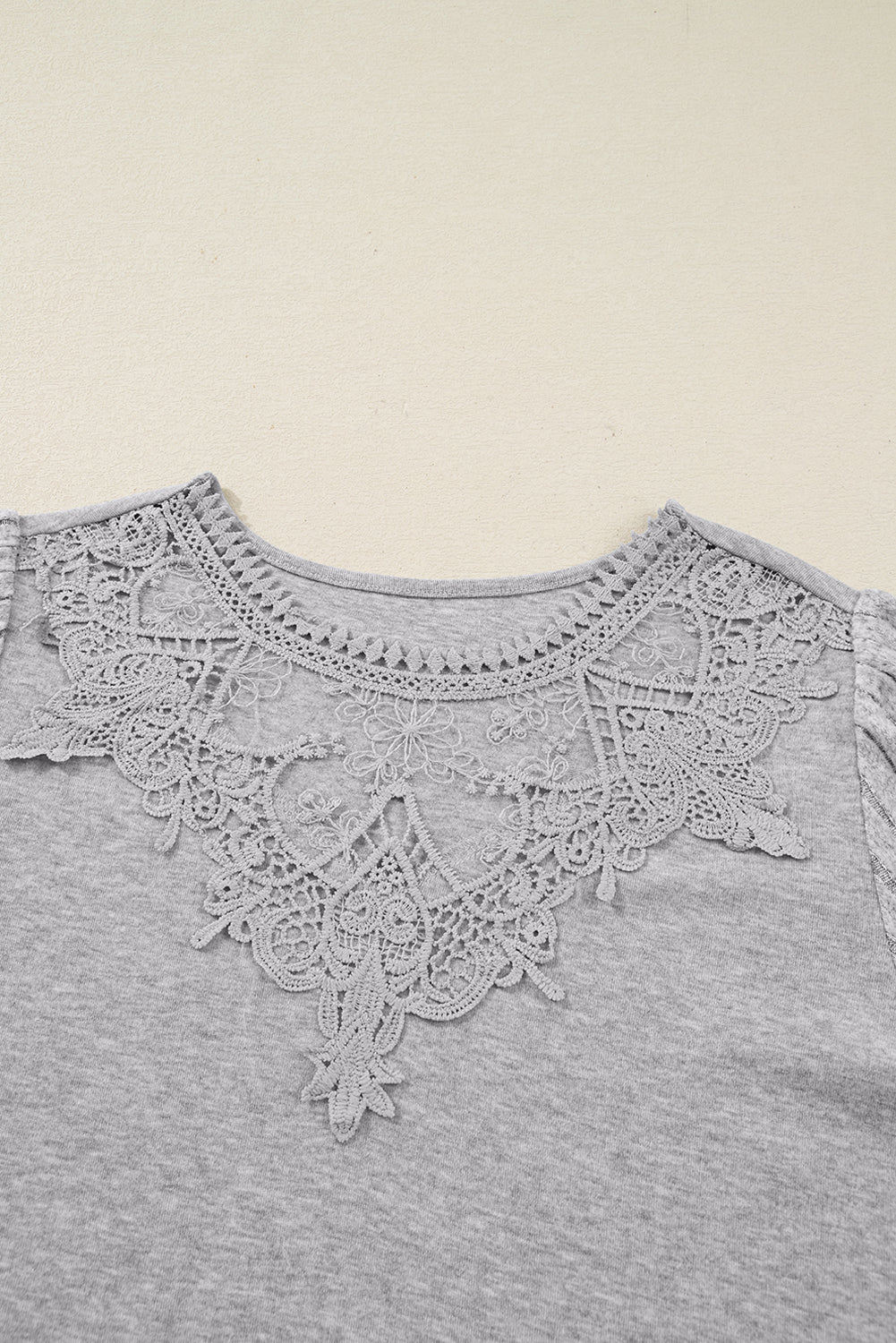 Gray Solid Lace Applique Round Neck Long Sleeve Top Long Sleeve Tops 4996476b5f410738