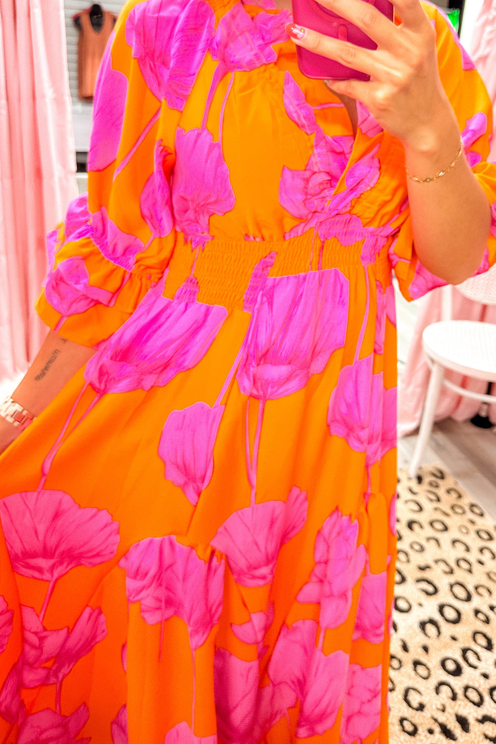 Orange Floral Print Frill Smocked V Neck 3/4 Sleeve Maxi Dress Maxi Dresses 49fb448232618907