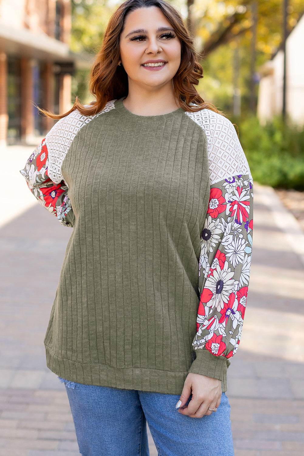 Vineyard Green Plus Size Textured Floral Patchwork Raglan Sleeve Top Plus Size Tops 49fe840f965c1fcf