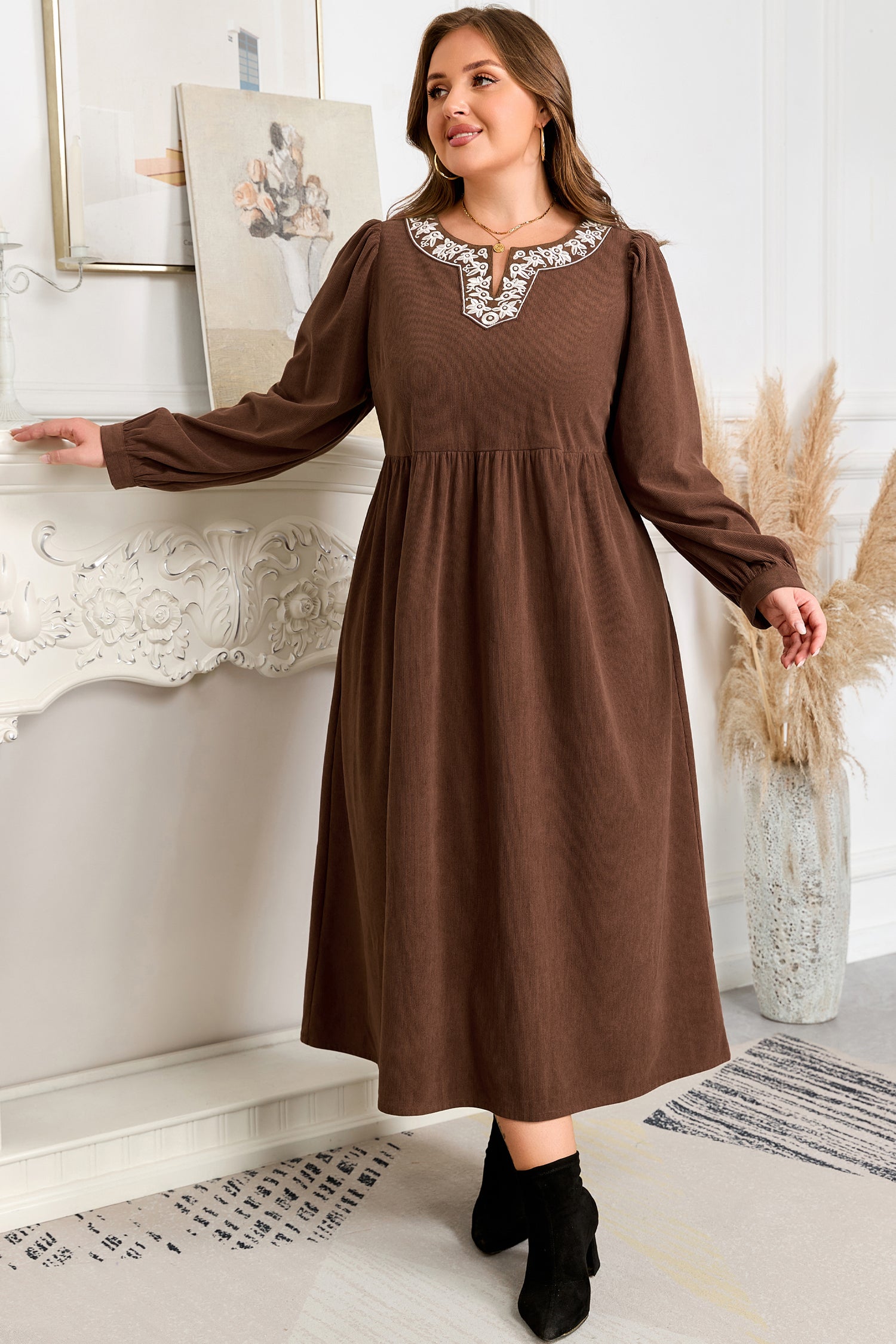 Coffee Embroidered Notched Neckline Textured Pleated High Waist Plus Size Midi Dress Plus Size Midi Dresses 4a5d145c6be33f66