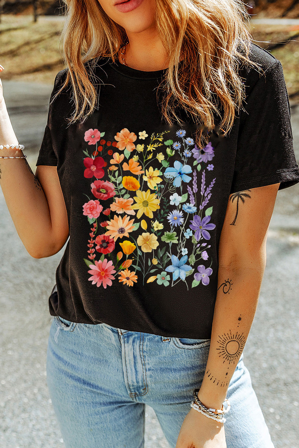 Black Flower Heat Transfer Printing Cotton Blend Casual Tee Graphic Tees 4a7501e35775bcac