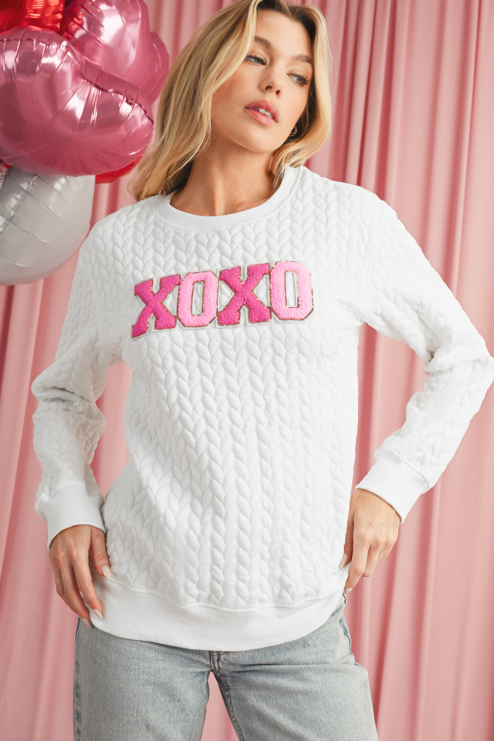 White XOXO Chenille Letter Patch Quilted Sweatshirt Sweatshirts & Hoodies 4a8303354abb4d0e