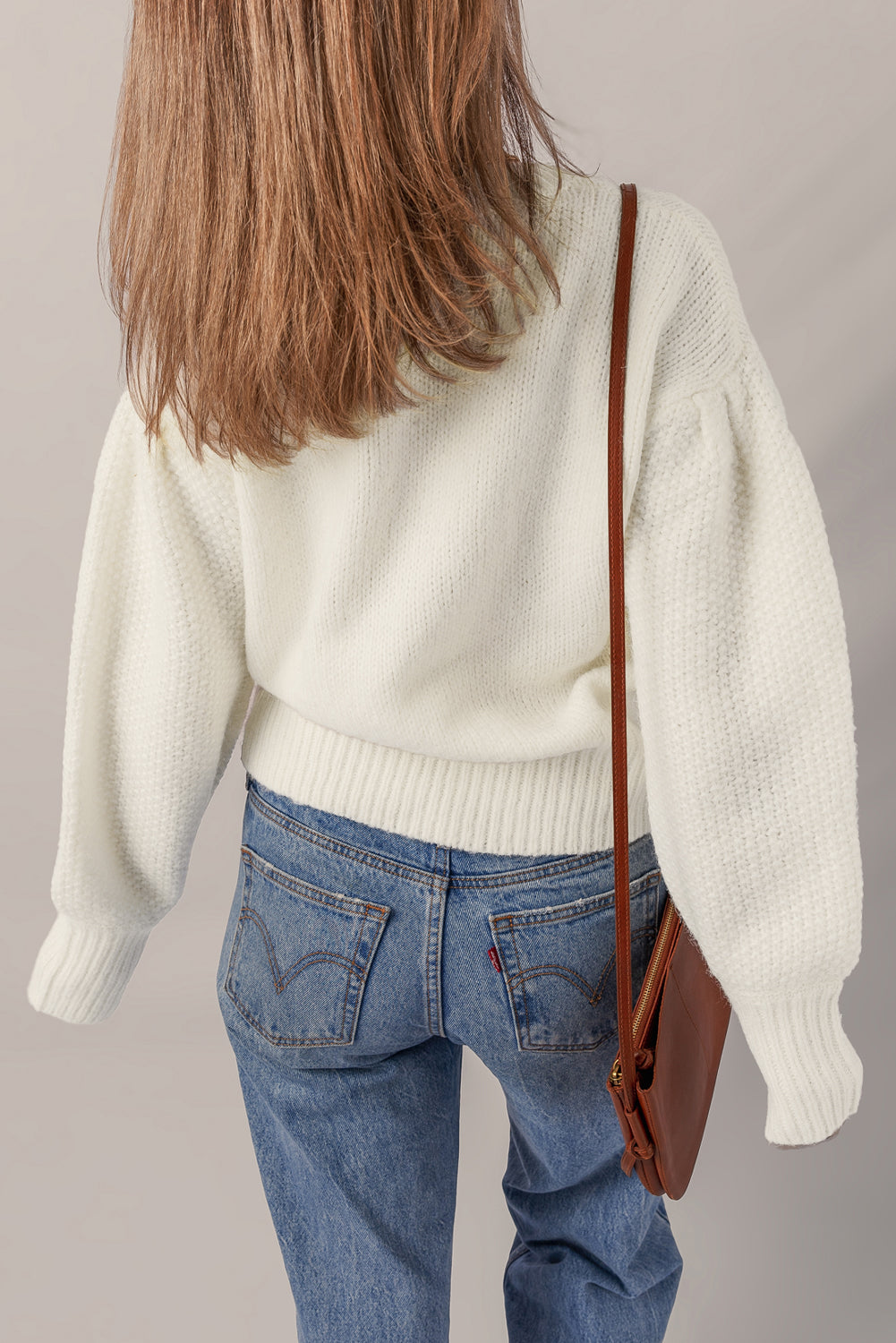 White Flower Detail Round Neck Contrast Textured Puff Sleeve Sweater Sweaters 4ab234bbb1703356