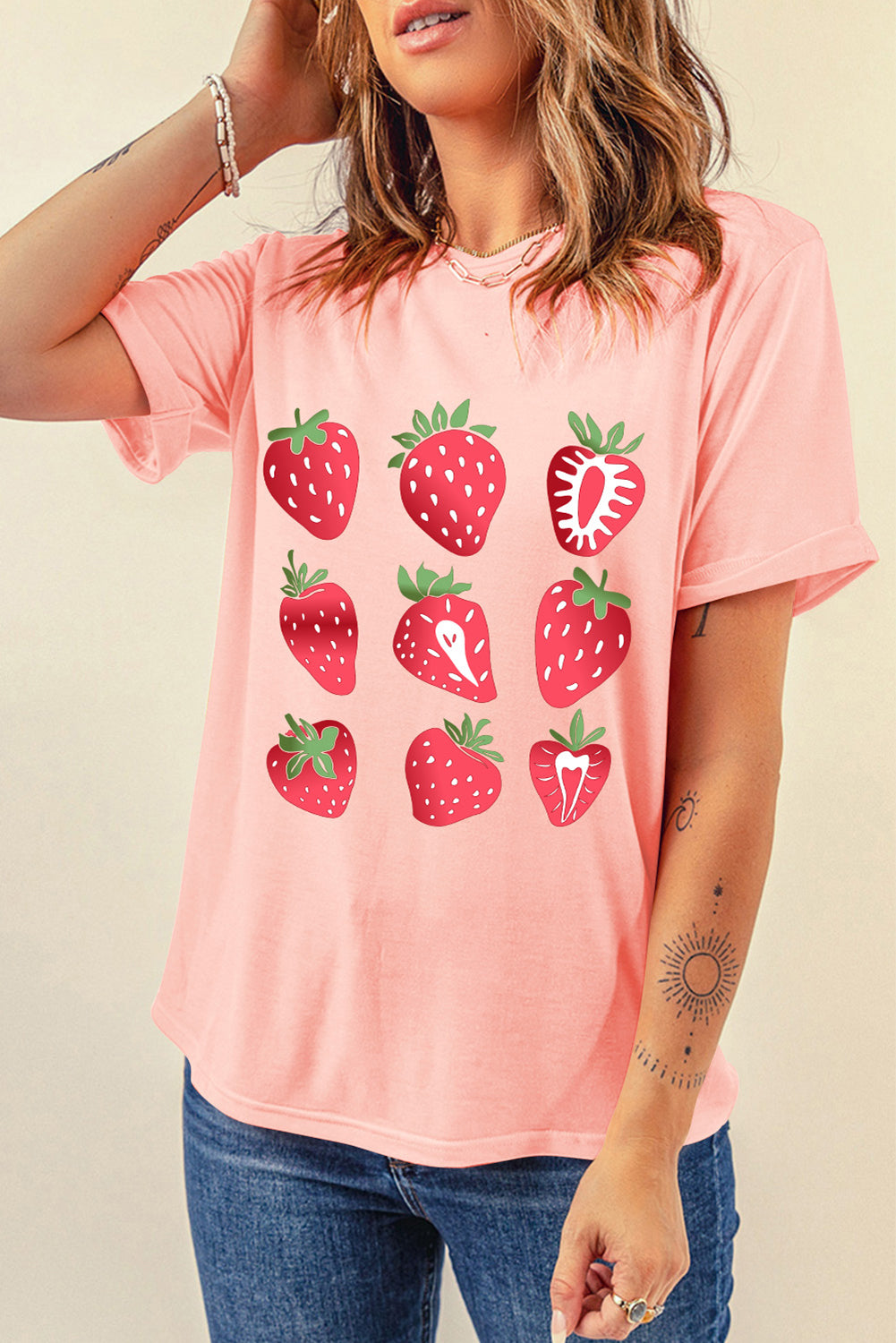 Pink Strawberry Fruit Pattern Heat Transfer Printing Graphic Tee Graphic Tees 4aef04f406c7c296
