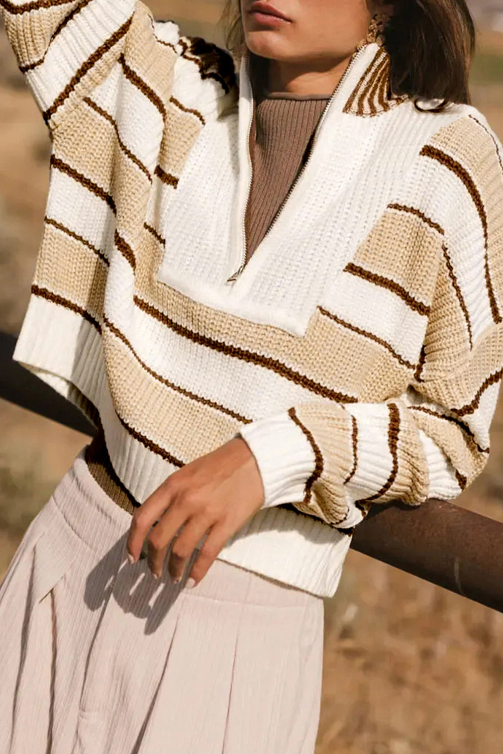 Khaki Striped Colorblock Zip Neck Knit Sweater Sweaters 4afde521fa4b344c