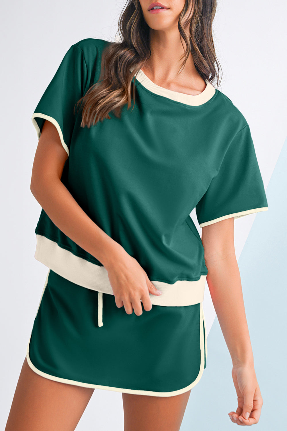 Evergreen Colorblock Edge Drop Shoulder T Shirt and Skort Set Two Piece Shorts Sets 4b3627d1445e4d44