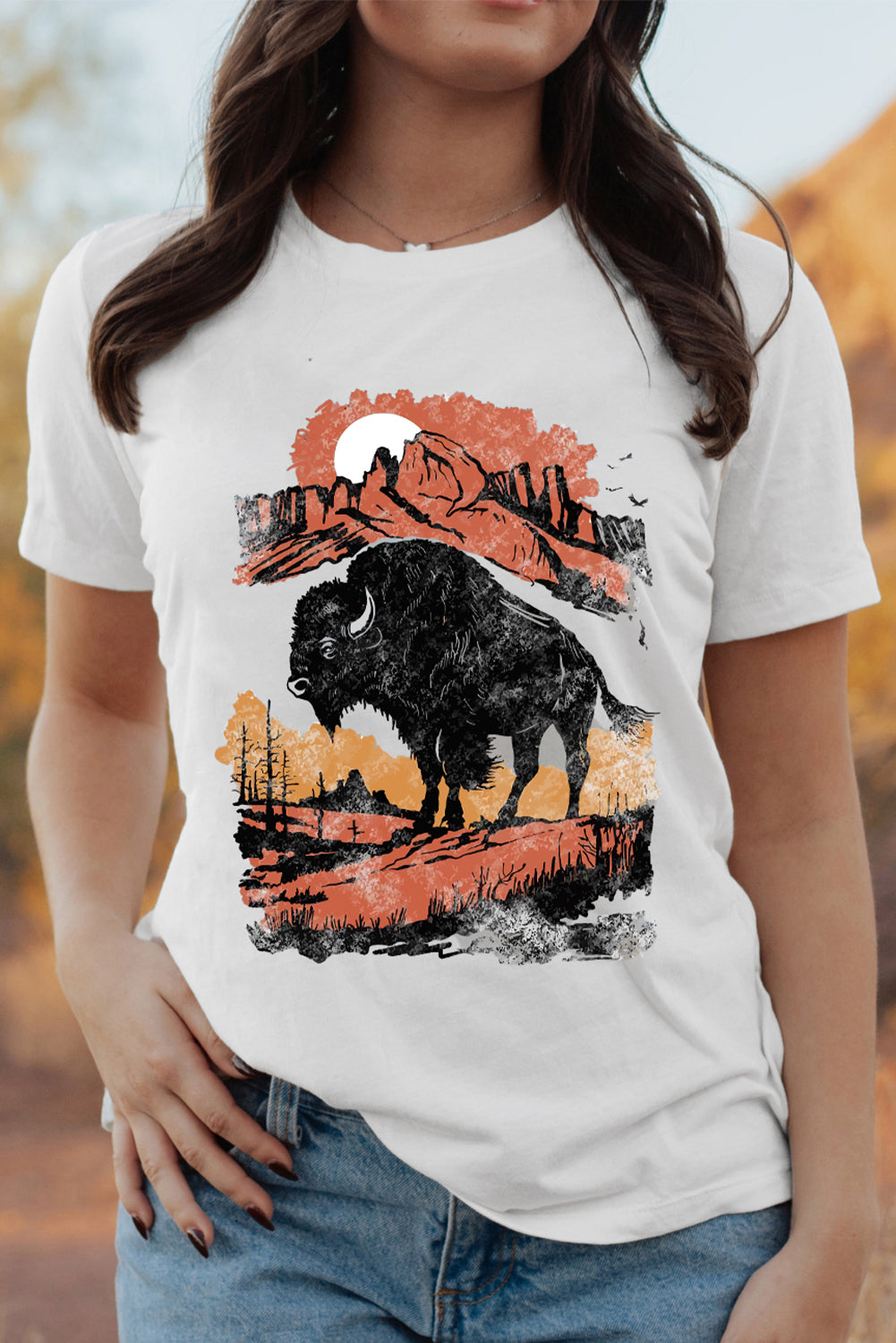 White Western Buffalo On Plains Heat Transfer Printing Graphic Crew Neck Tee Graphic Tees 4b595cfbb37d9ade