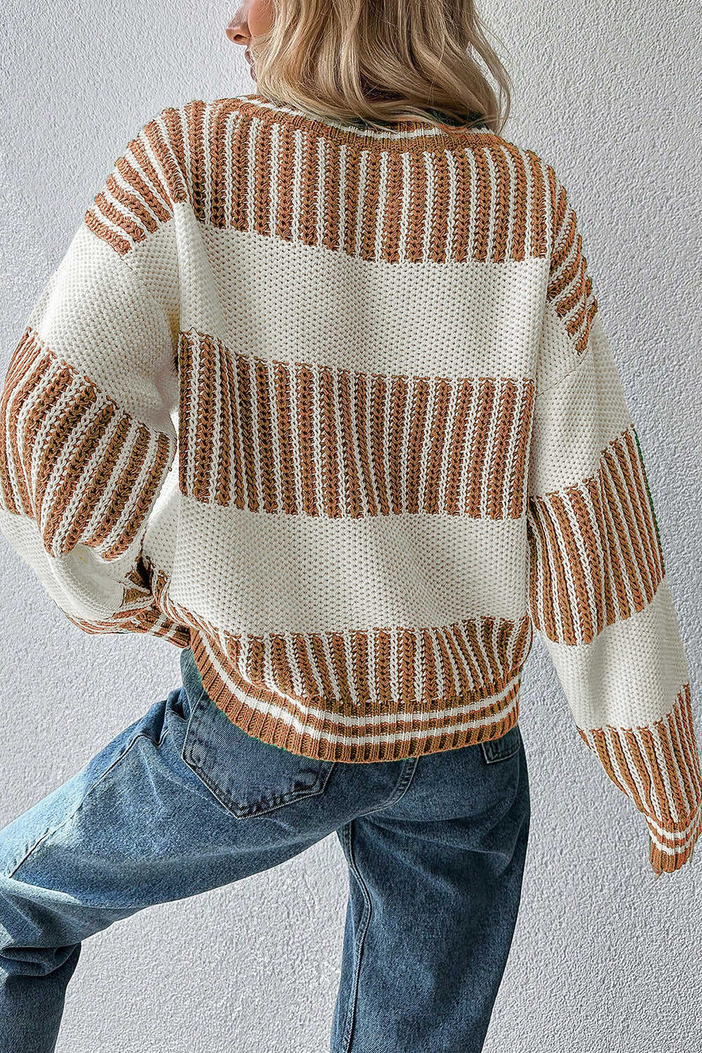 Khaki Two Tone Striped Patchwork Drop Shoulder Sweater Sweaters 4b867c1e46addce5