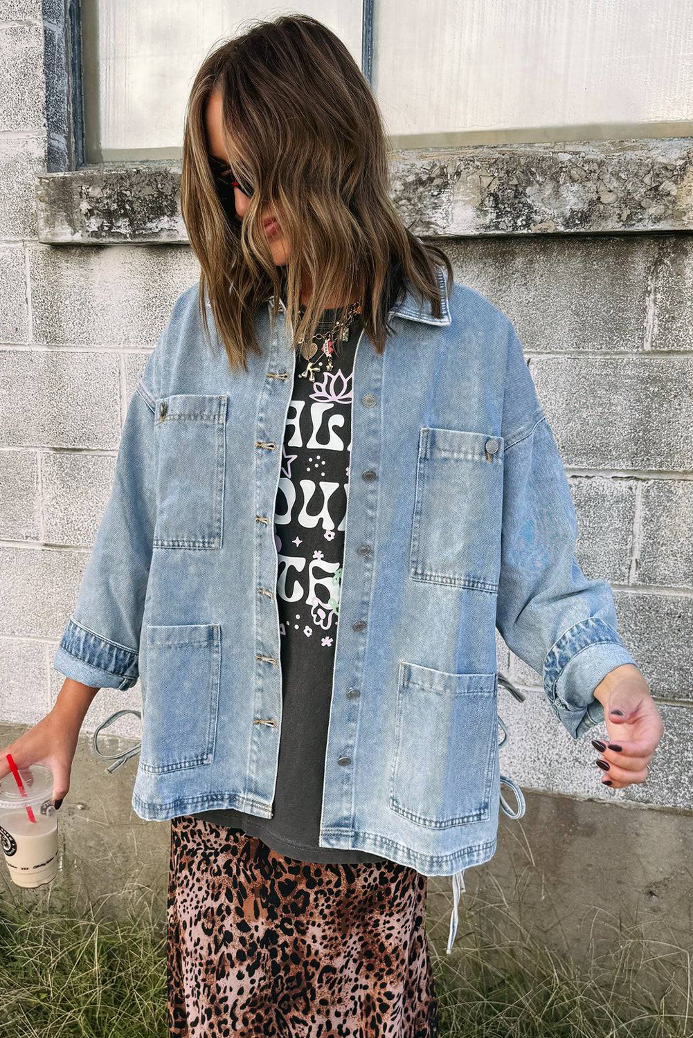 Beau Blue Multi Patched Pockets Side Tie up Boyfriend Style Denim Jacket Jackets 4b9f77c3deba9b67
