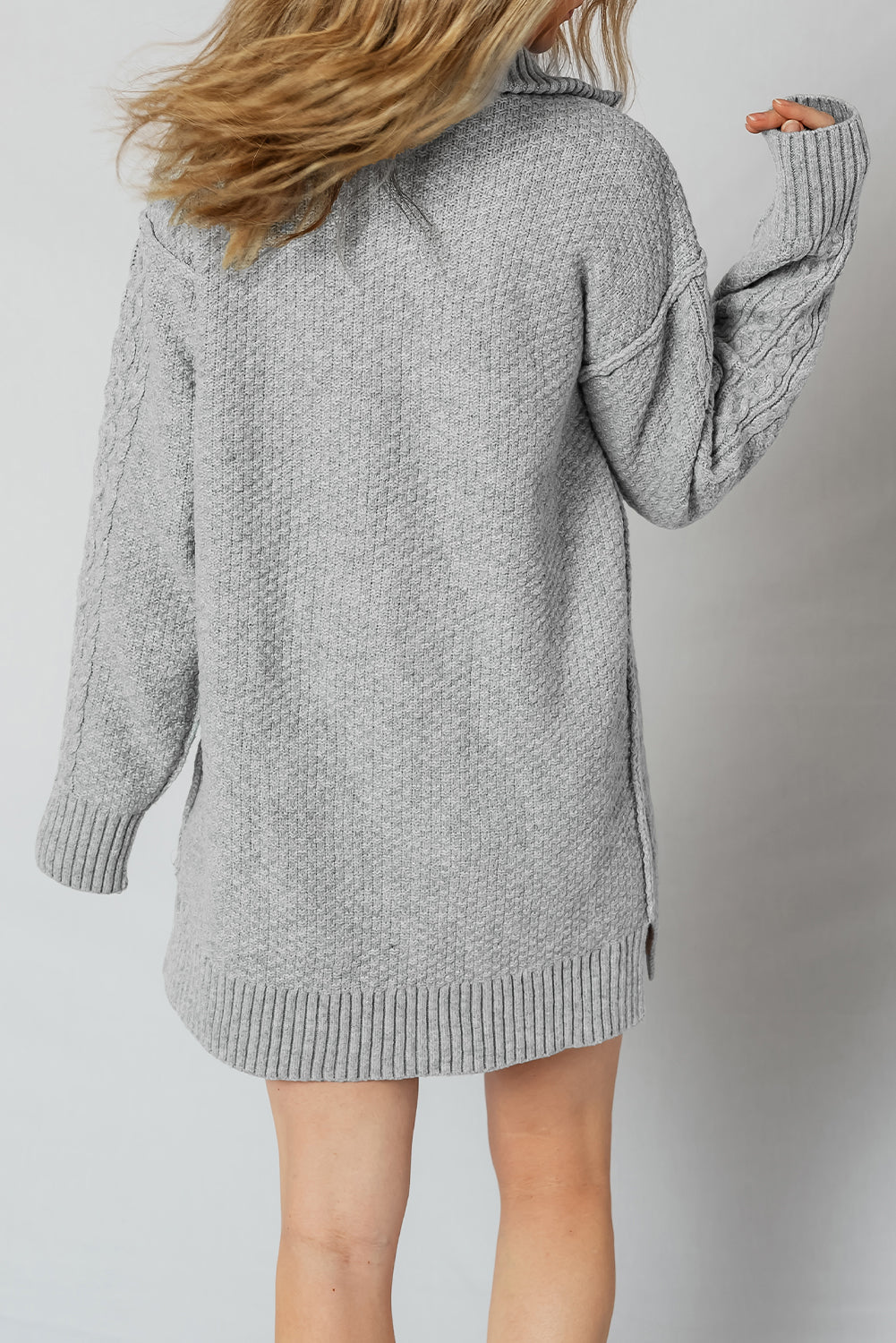 High-rise Quarter Zip Ribbed Trim Cable Knit Loose Sweater Dress Sweater Dresses 4bbe98291efc41ee