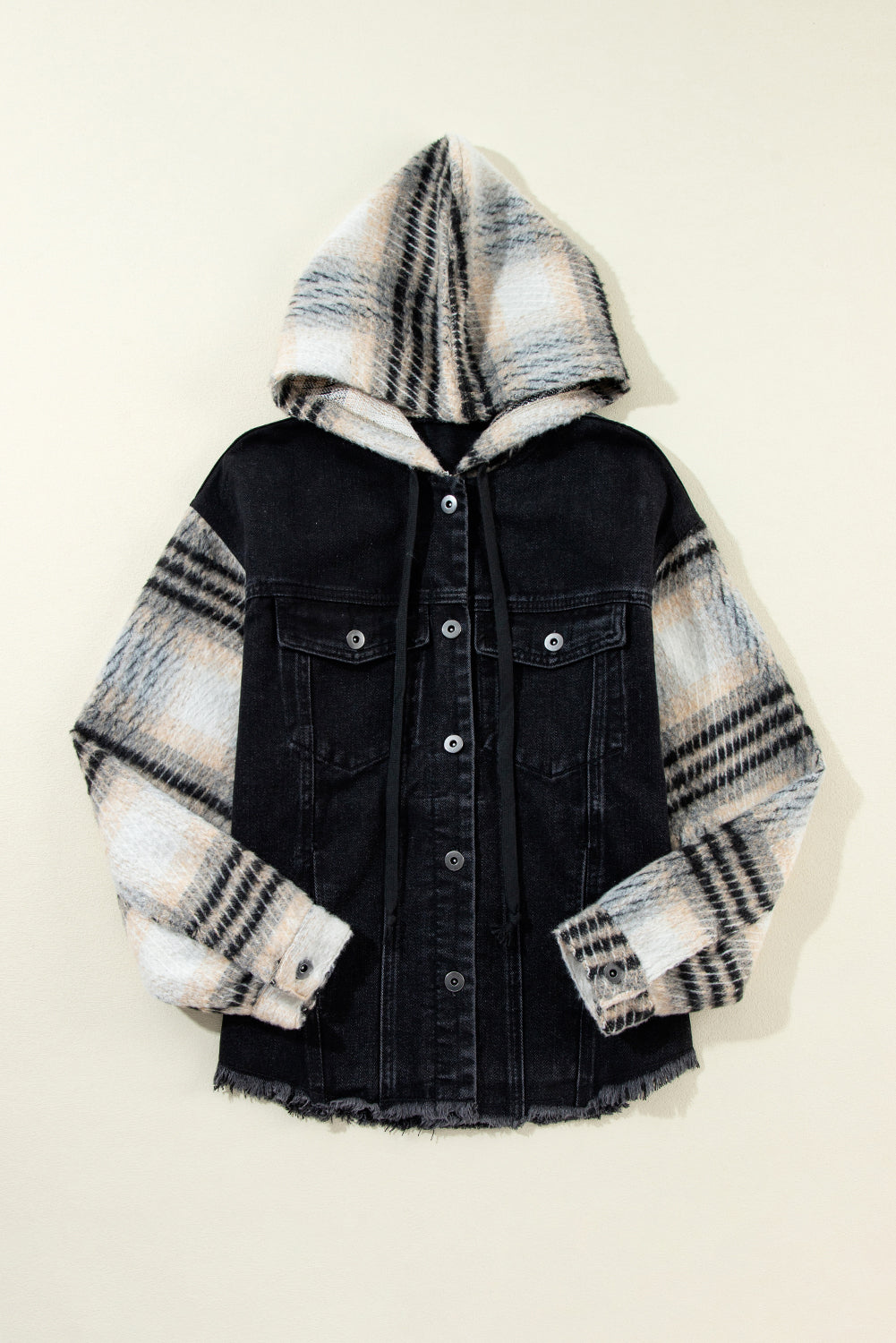 Black Patchwork Plaid Sleeve Frayed Hem Hooded Denim Jacket Jackets 4c3553eddb1ebd05