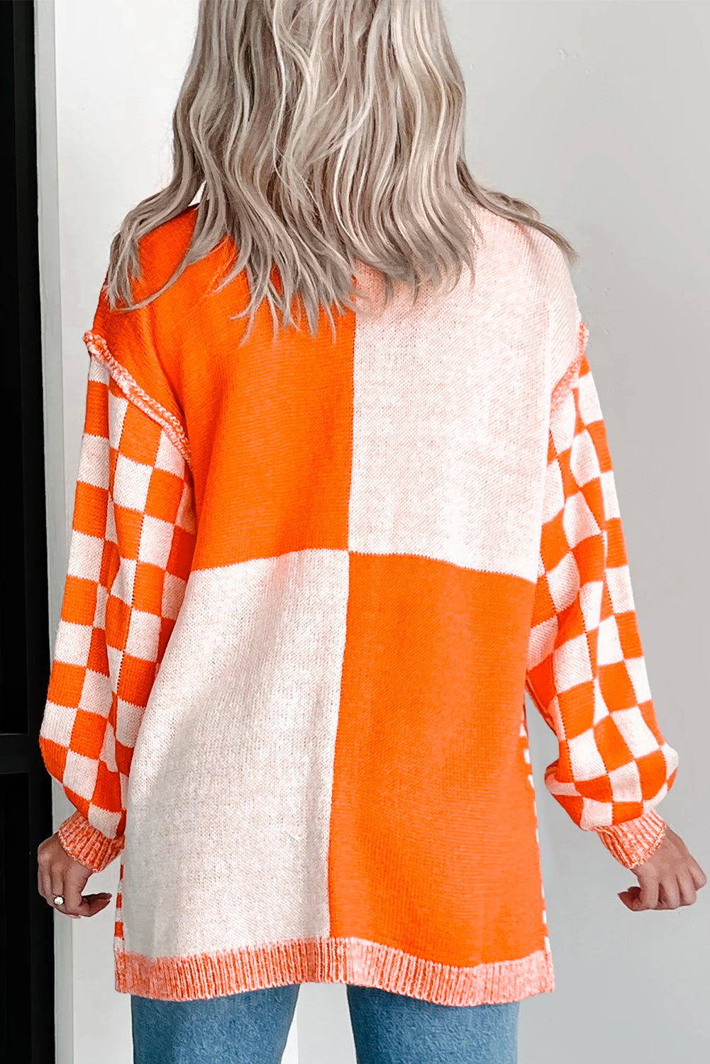 Orange Checkered Open Front Drop Shoulder Cardigan Cardigans 4c86bcc29a41c240
