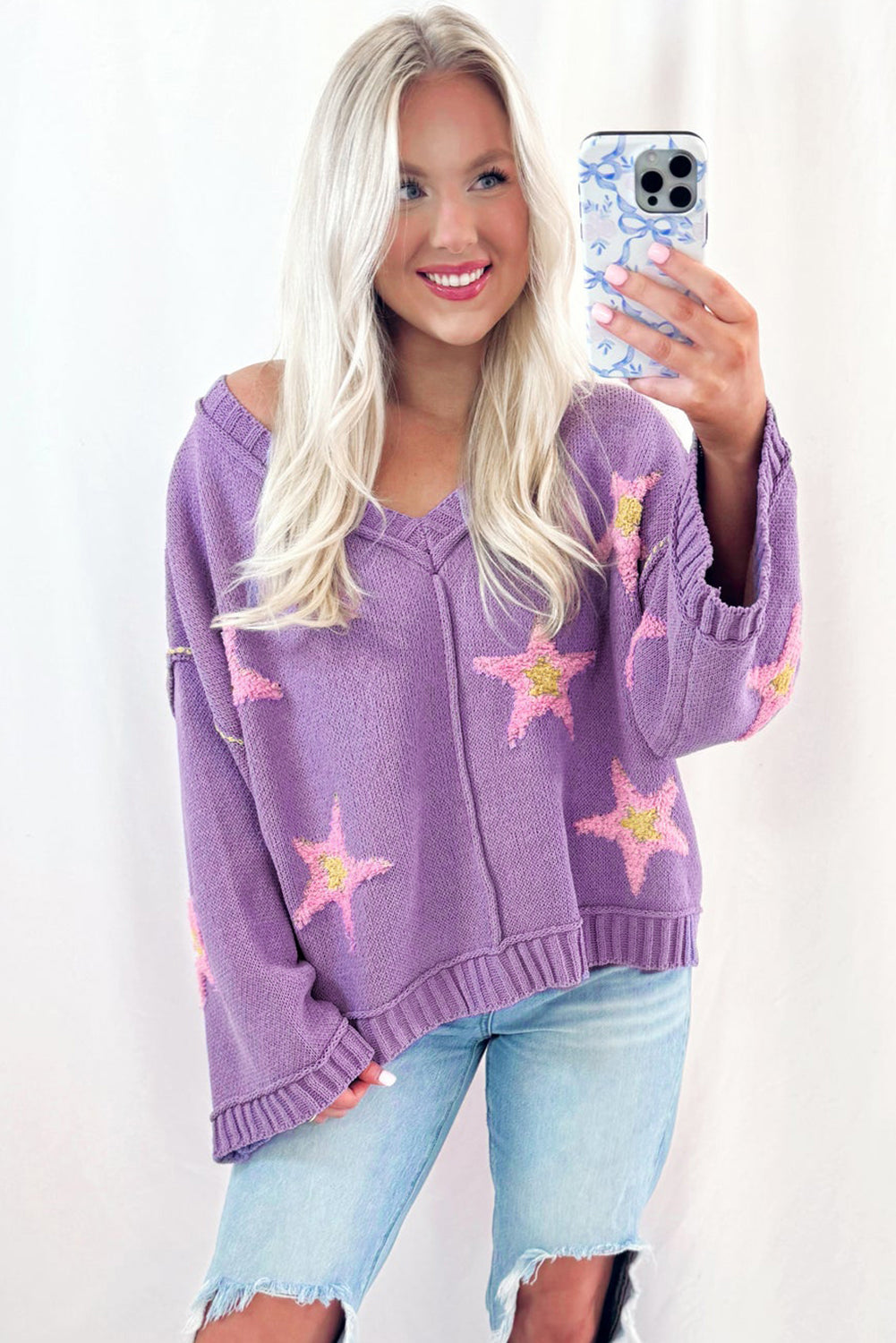 Lavendula Brushed Star Graphic V Neck Drop Shoulder Oversize Sweater Sweaters 4caac690bb2153fa