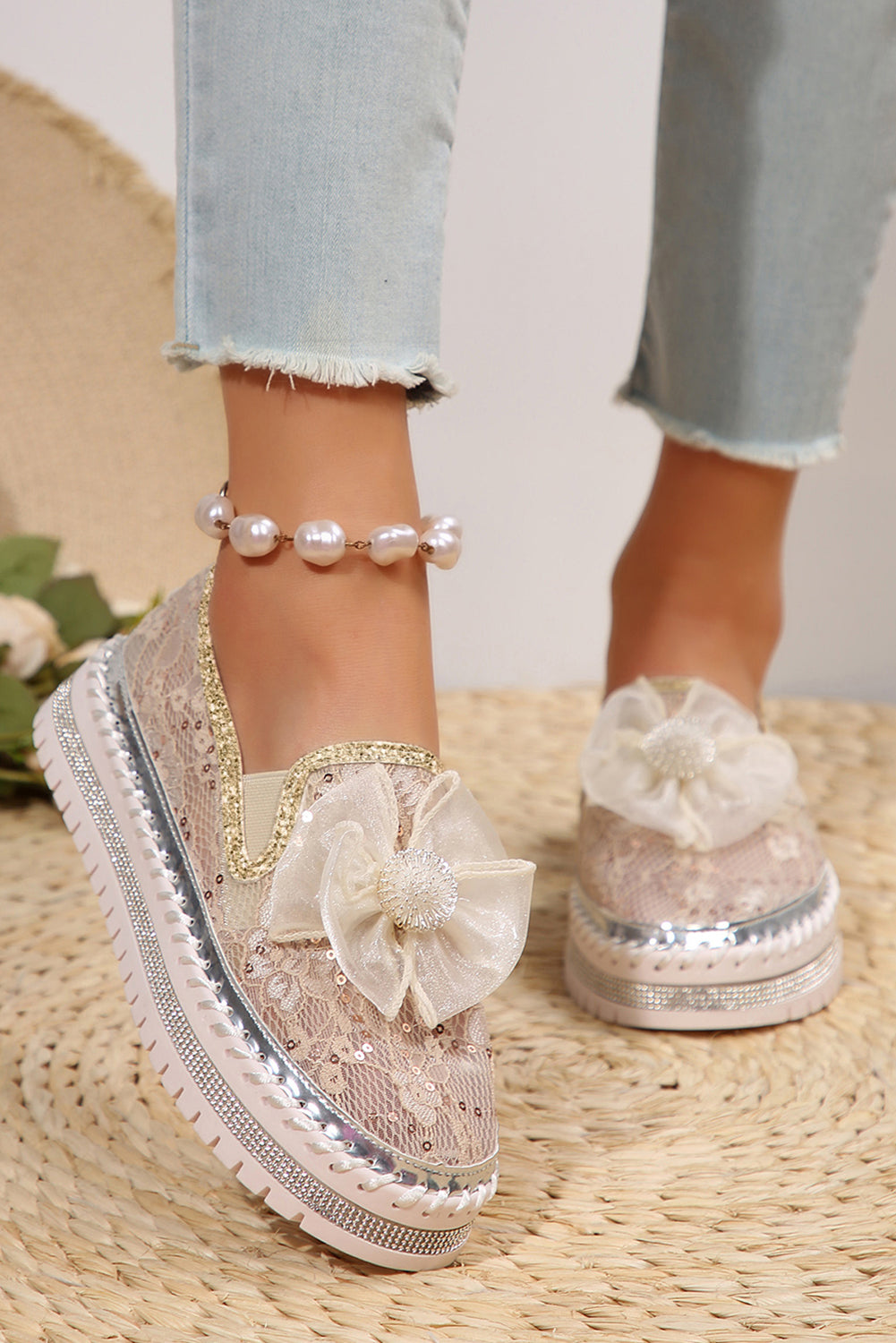 White Sequin Bow Thick Sole Casual Shoes Sneakers 4d0221fe4a32e31a