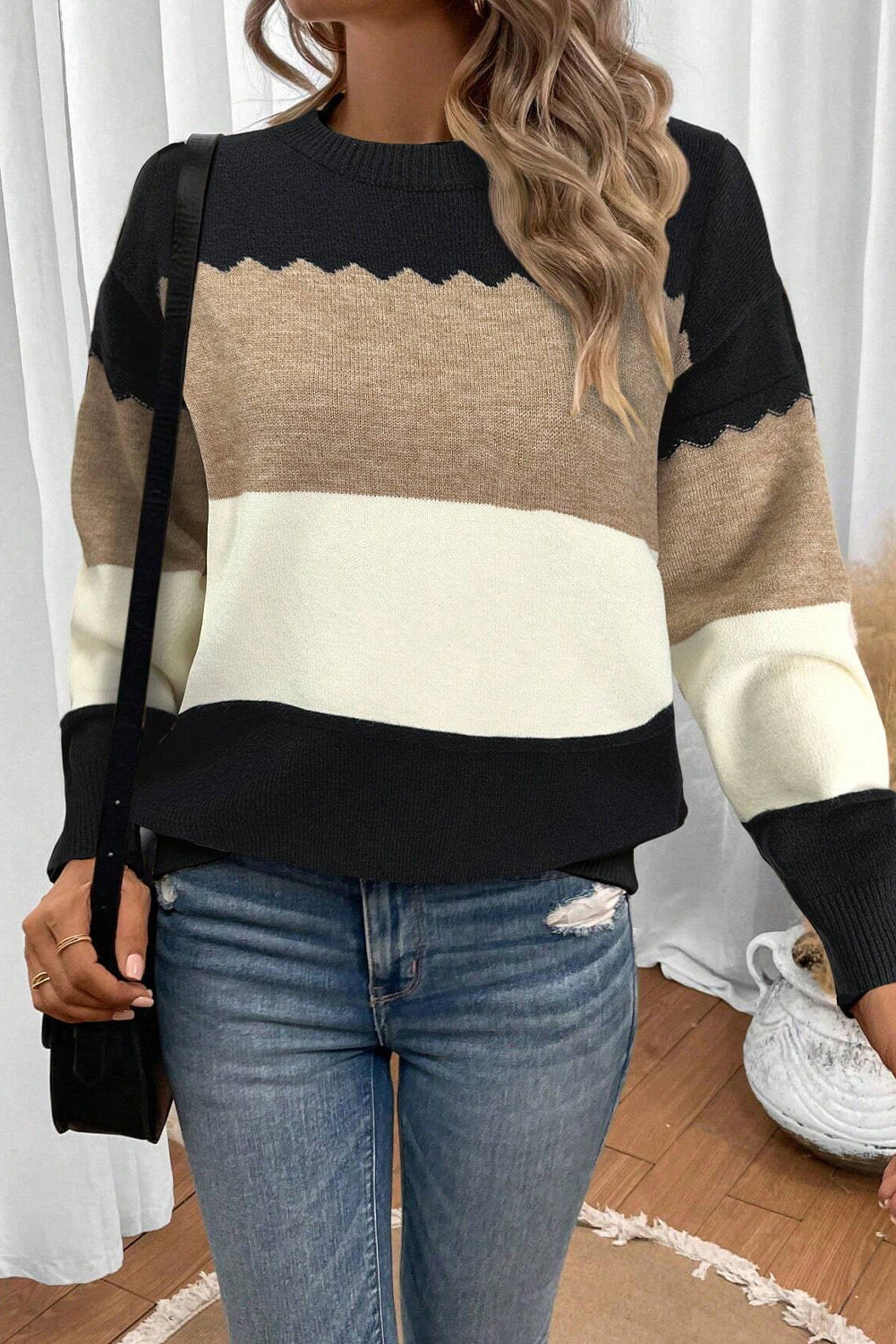 Black Colorblock Crew Neck Drop Shoulder Sweater Sweaters 4d56af9c4d968673