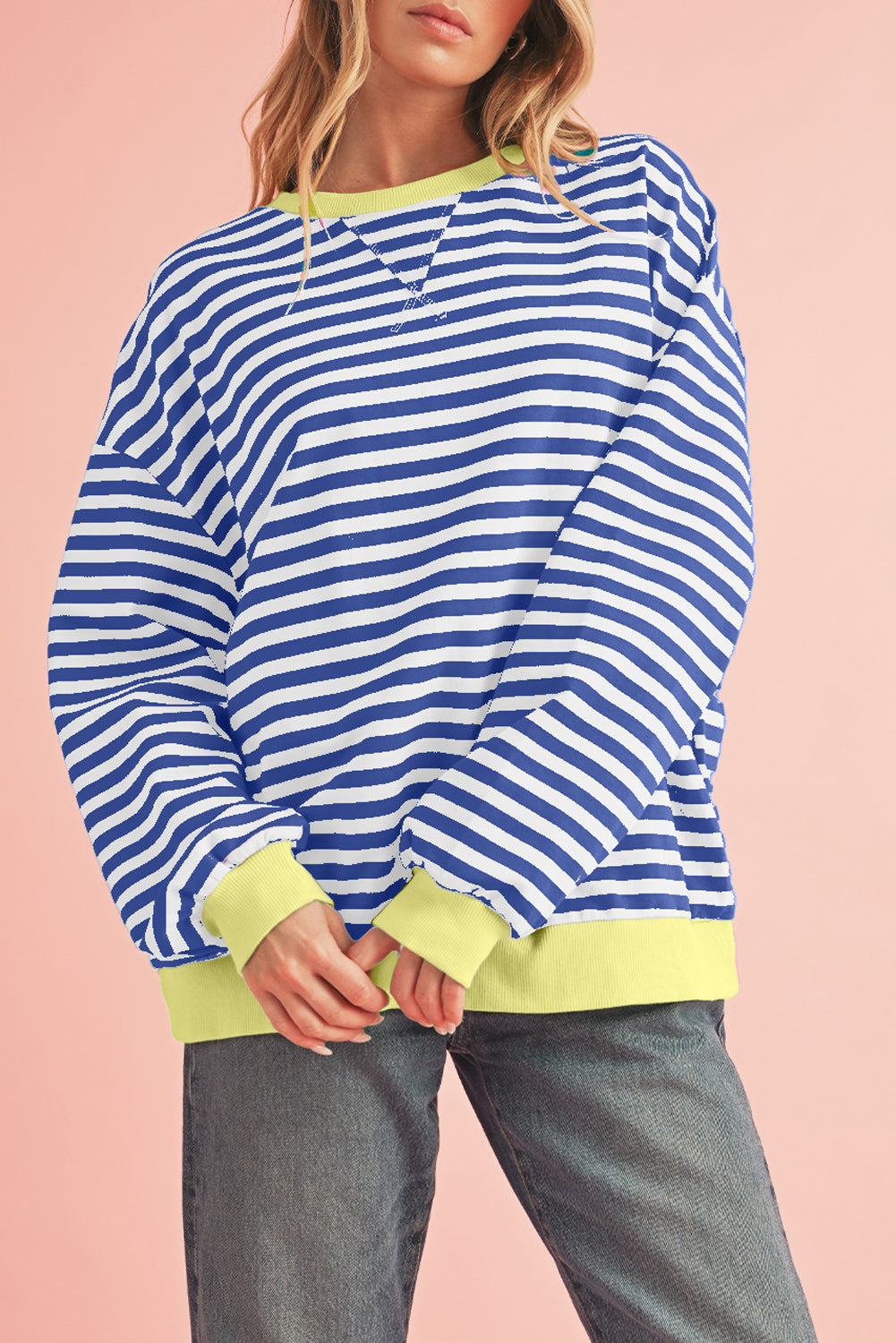 Blue Stripe Contrast Edge Cross Seam Oversized Pullover Sweatshirts & Hoodies 4dd4828aa2f90148