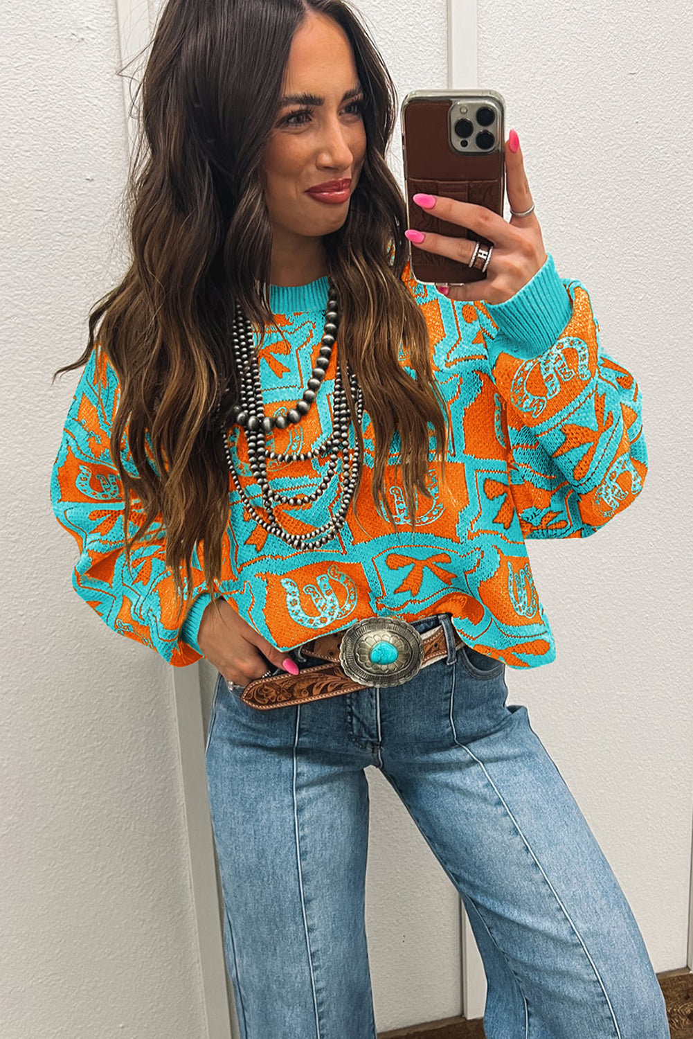 Brown Colorblock Bow Pattern Drop Sleeve Sweater Sweaters 4e1df2326e828938