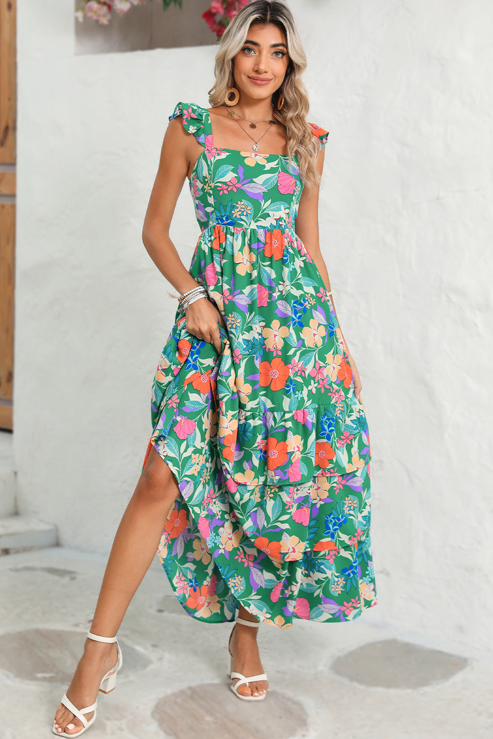 Green Boho Floral Print Ruffle Sleeveless Tiered Maxi Dress Maxi Dresses 4e4d761ef51b8b6d